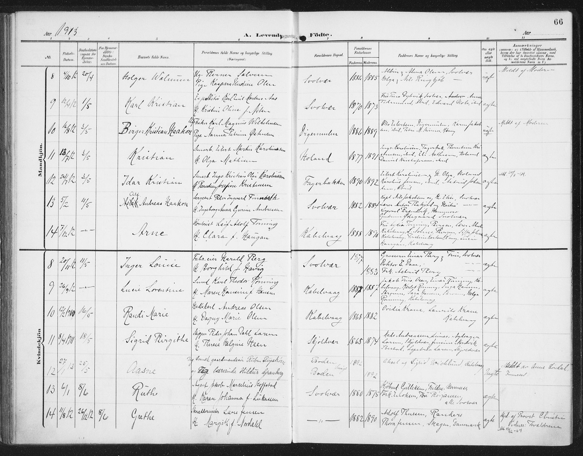 Ministerialprotokoller, klokkerbøker og fødselsregistre - Nordland, SAT/A-1459/874/L1063: Parish register (official) no. 874A07, 1907-1915, p. 66