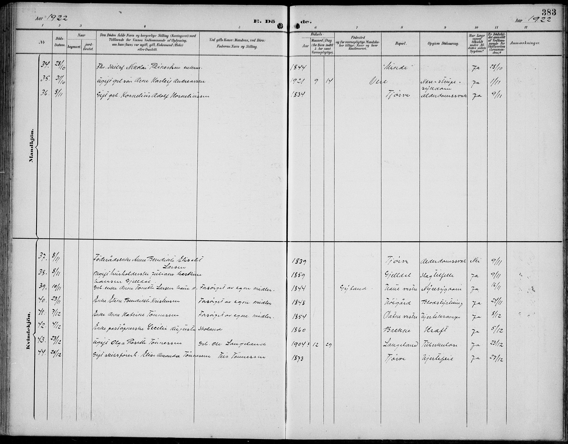 Lista sokneprestkontor, AV/SAK-1111-0027/F/Fb/L0005: Parish register (copy) no. B 5, 1892-1923, p. 383