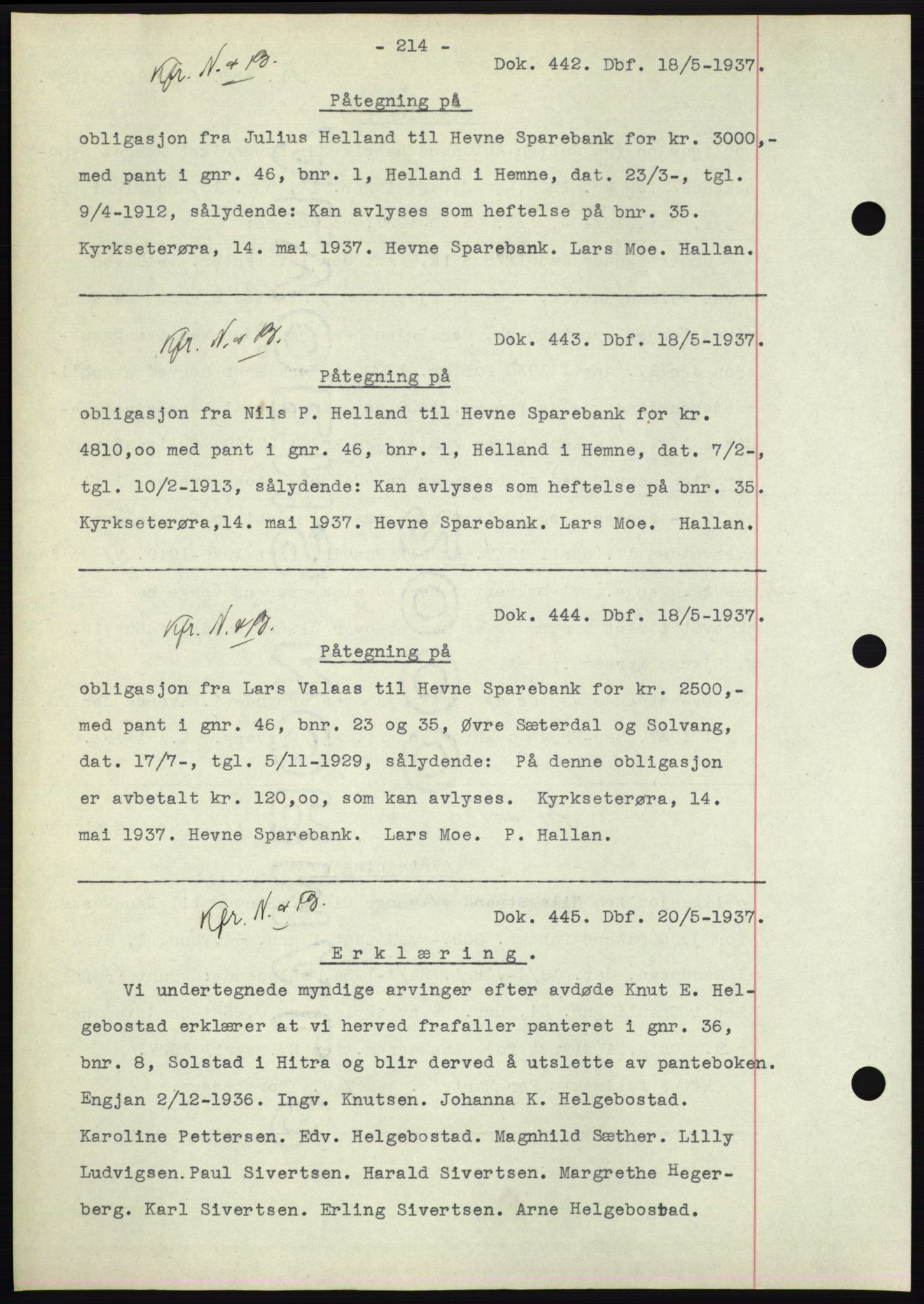 Hitra sorenskriveri, AV/SAT-A-0018/2/2C/2Ca: Mortgage book no. C1, 1936-1945, Diary no: : 442/1937