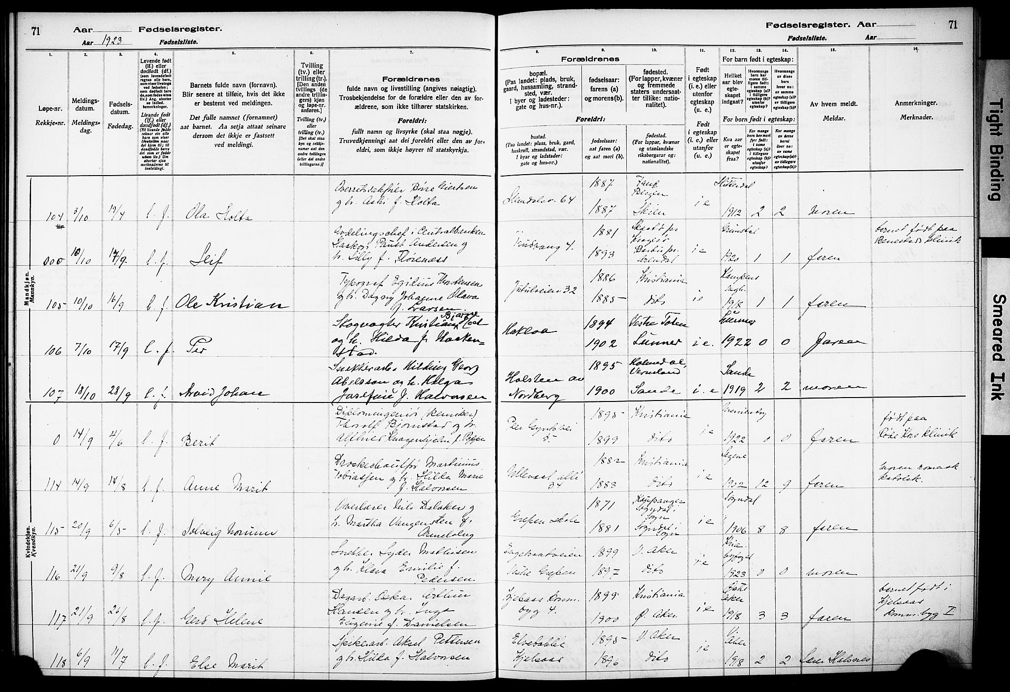 Vestre Aker prestekontor Kirkebøker, AV/SAO-A-10025/J/Ja/L0002: Birth register no. 2, 1922-1926, p. 71