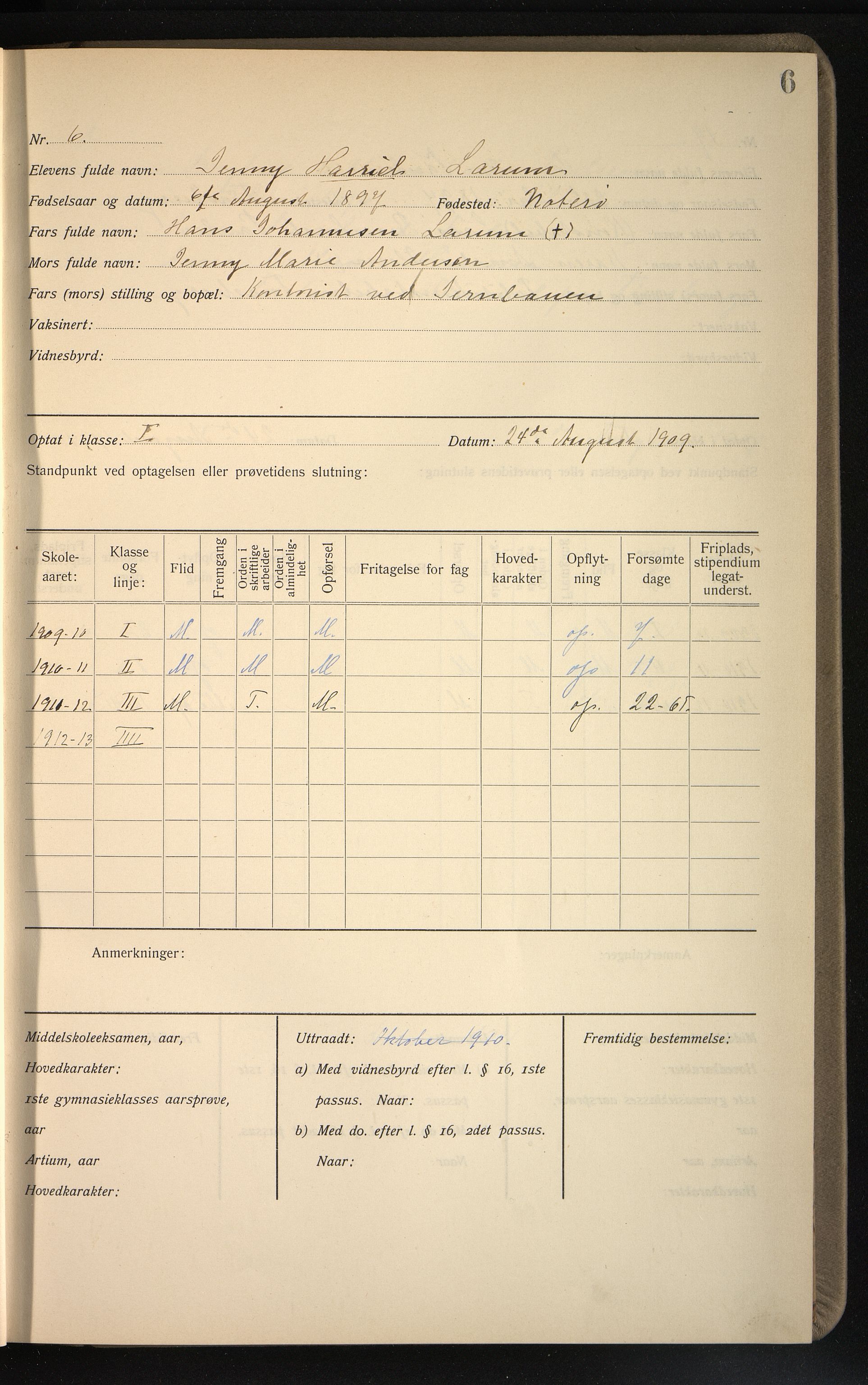 Vestfold fylkeskommune. Greveskogen videregående skole før 1998, VEMU/A-1162/G/Gb/L0003: Manntallsprotokoll Pikeskolen, 1909-1911, p. 7