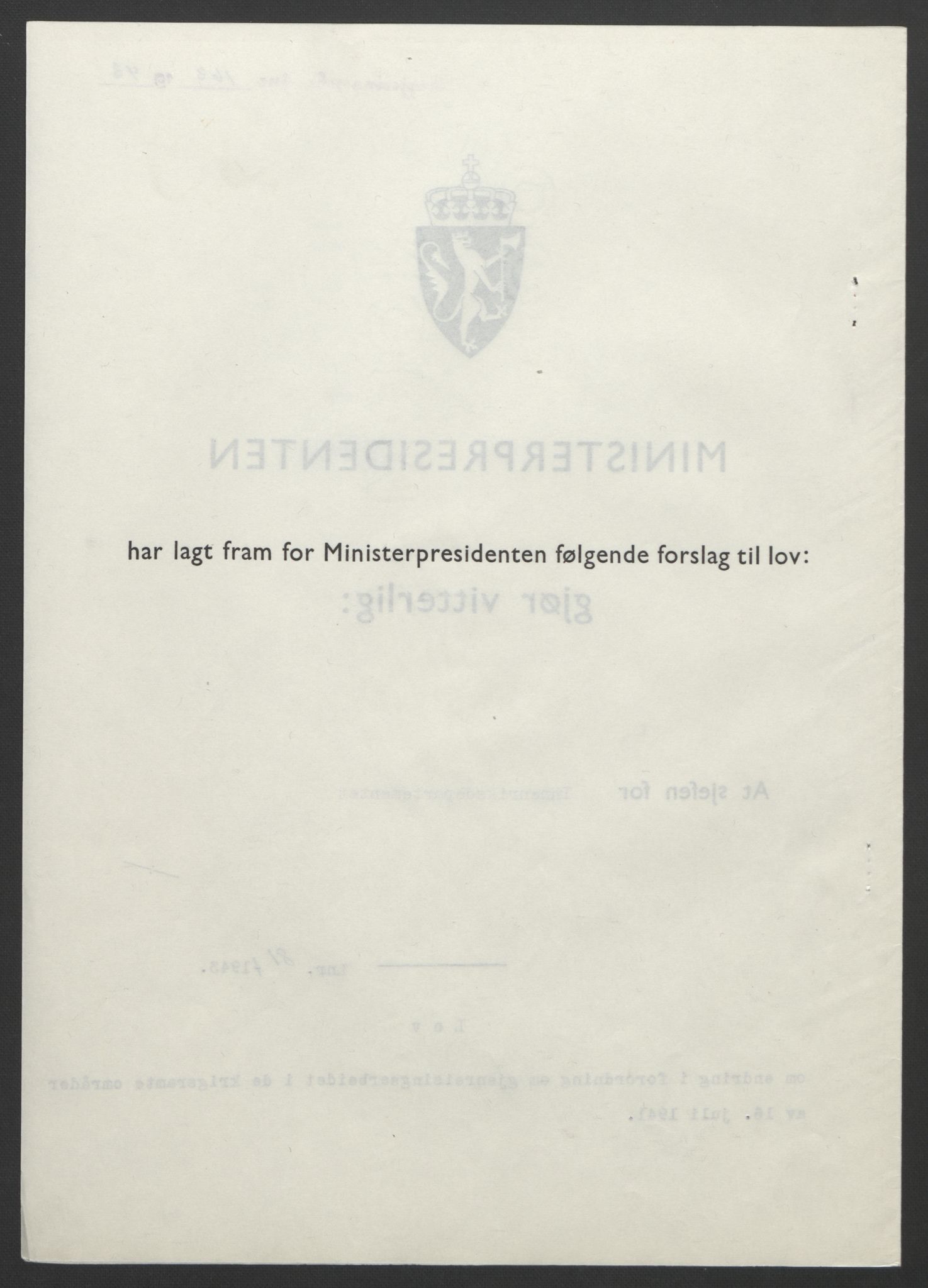 NS-administrasjonen 1940-1945 (Statsrådsekretariatet, de kommisariske statsråder mm), RA/S-4279/D/Db/L0099: Lover, 1943, p. 371