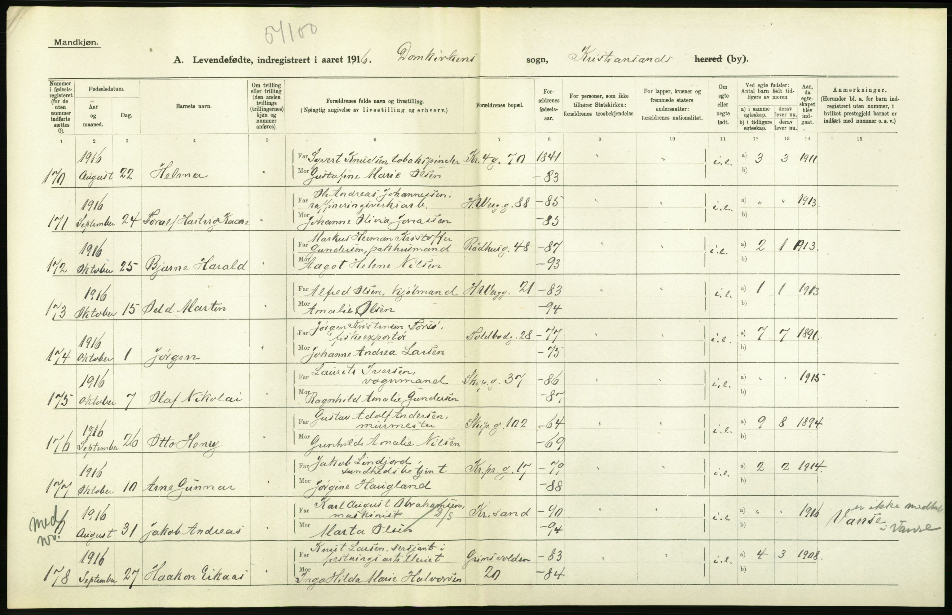 Statistisk sentralbyrå, Sosiodemografiske emner, Befolkning, AV/RA-S-2228/D/Df/Dfb/Dfbf/L0027: Lister og Mandals amt: Levendefødte menn og kvinner. Bygder og byer., 1916, p. 352