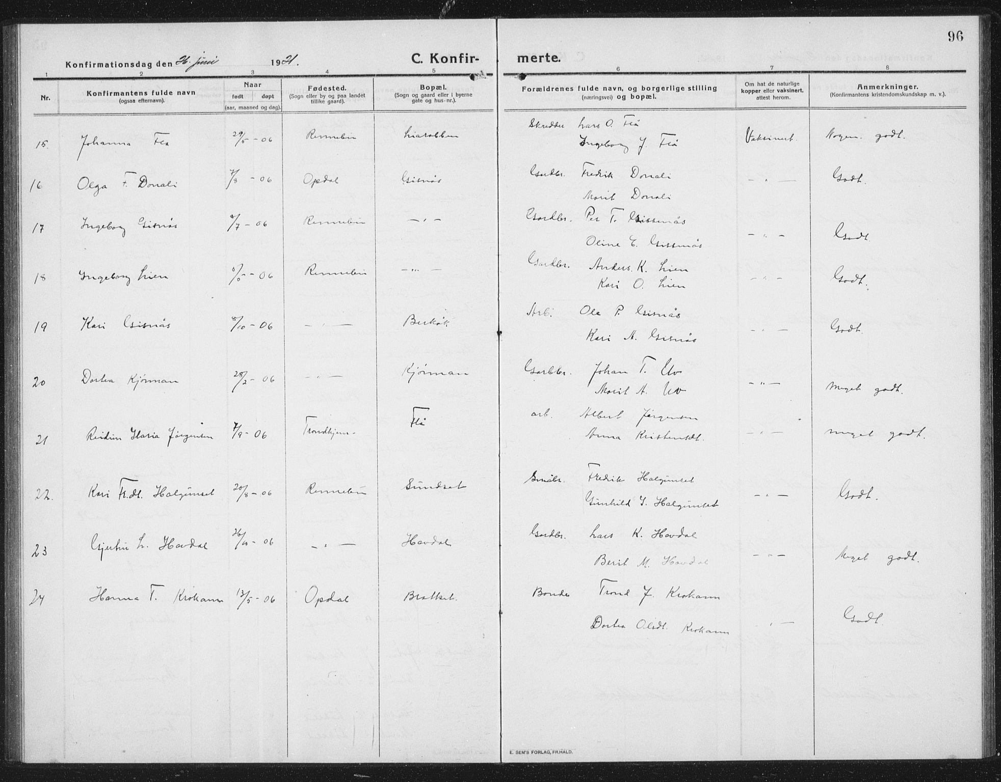 Ministerialprotokoller, klokkerbøker og fødselsregistre - Sør-Trøndelag, SAT/A-1456/675/L0888: Parish register (copy) no. 675C01, 1913-1935, p. 96
