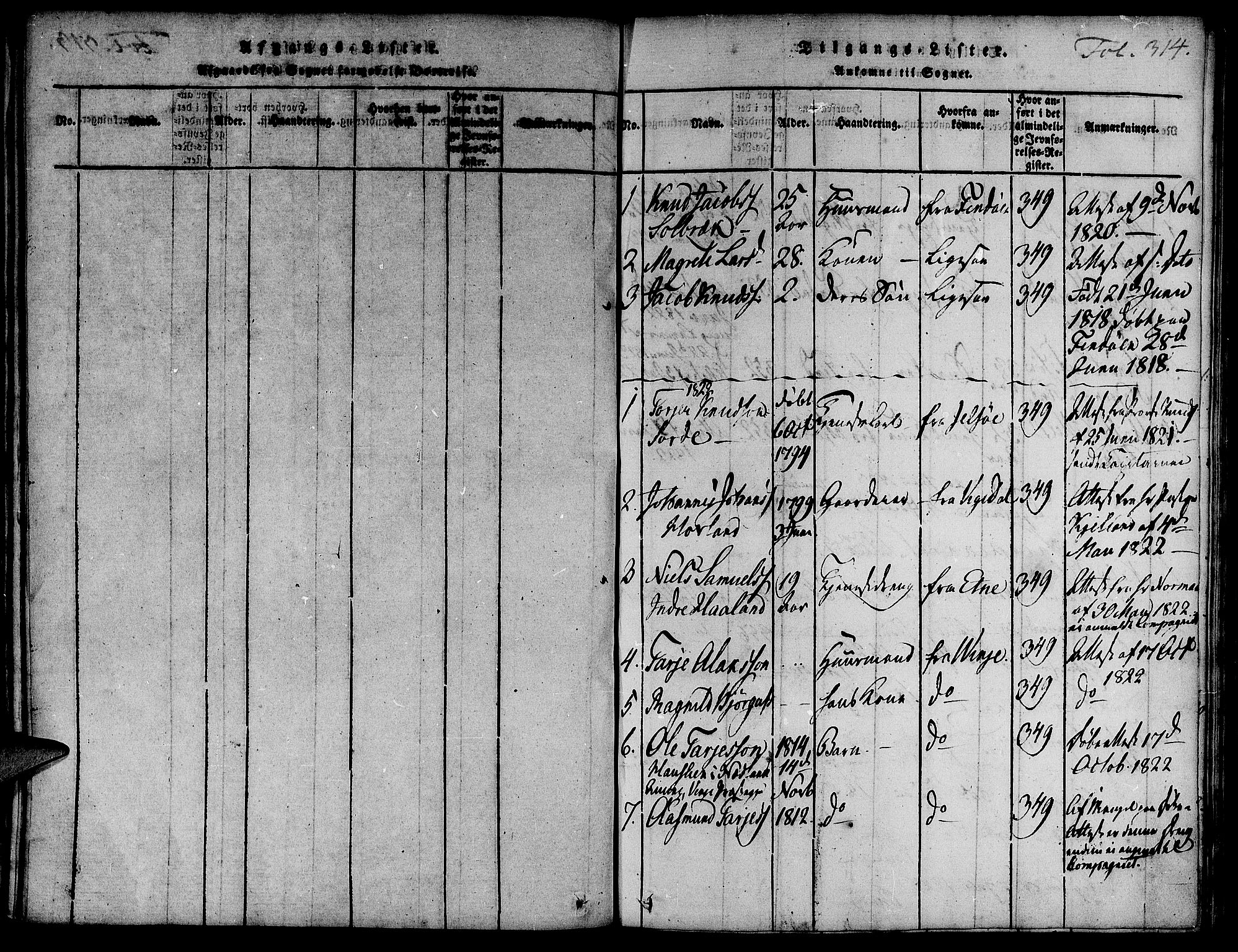 Suldal sokneprestkontor, SAST/A-101845/01/IV/L0007: Parish register (official) no. A 7, 1817-1838, p. 314