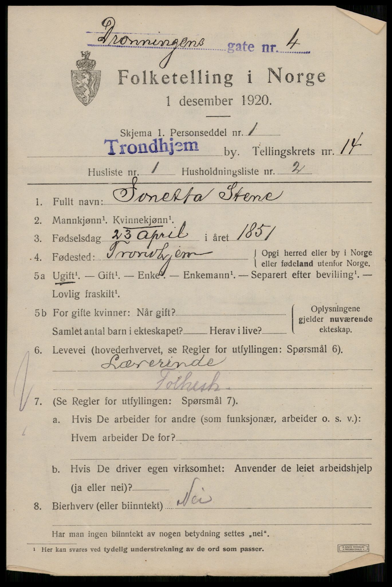 SAT, 1920 census for Trondheim, 1920, p. 51098