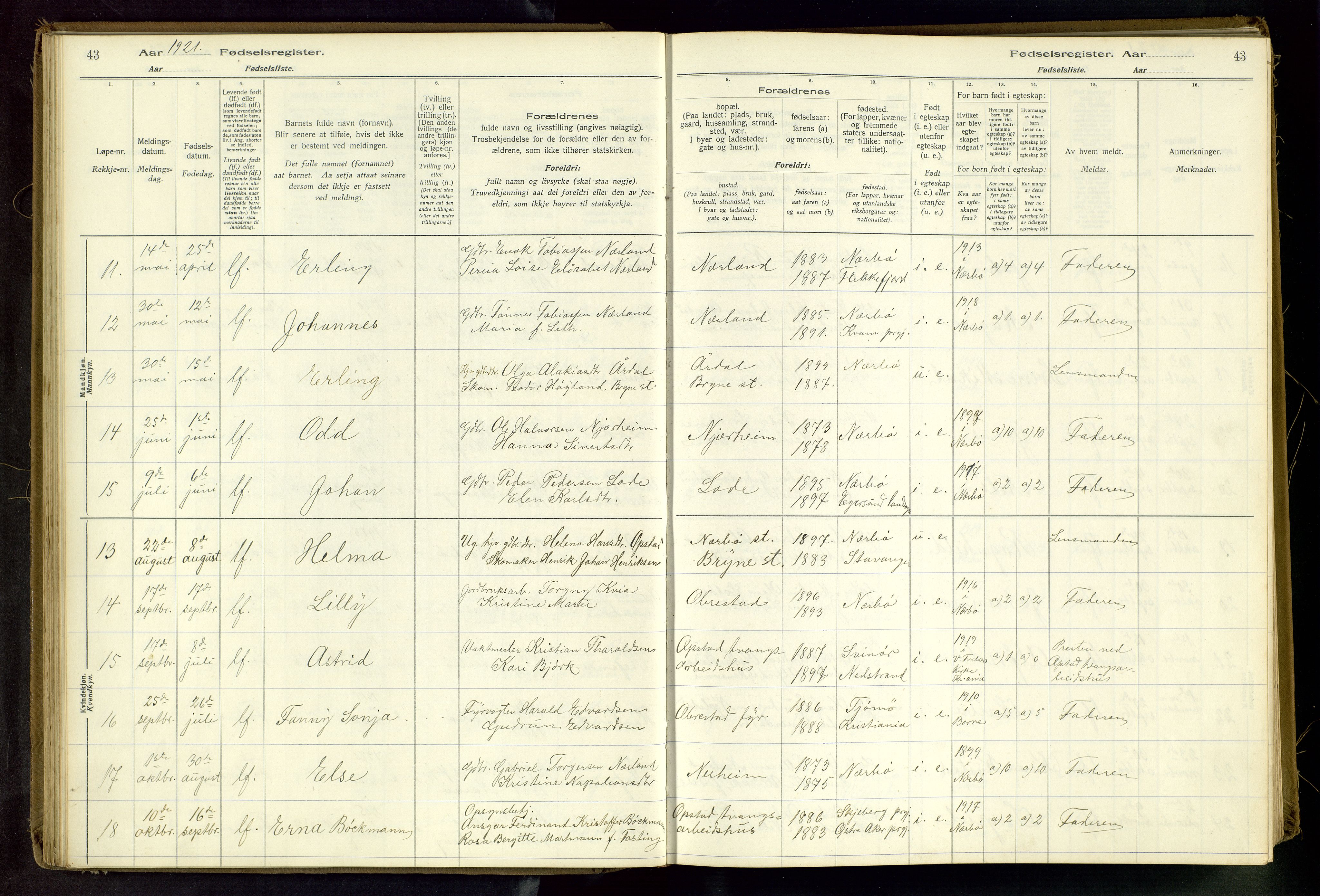 Hå sokneprestkontor, AV/SAST-A-101801/002/C/L0001: Birth register no. 1, 1916-1945, p. 43