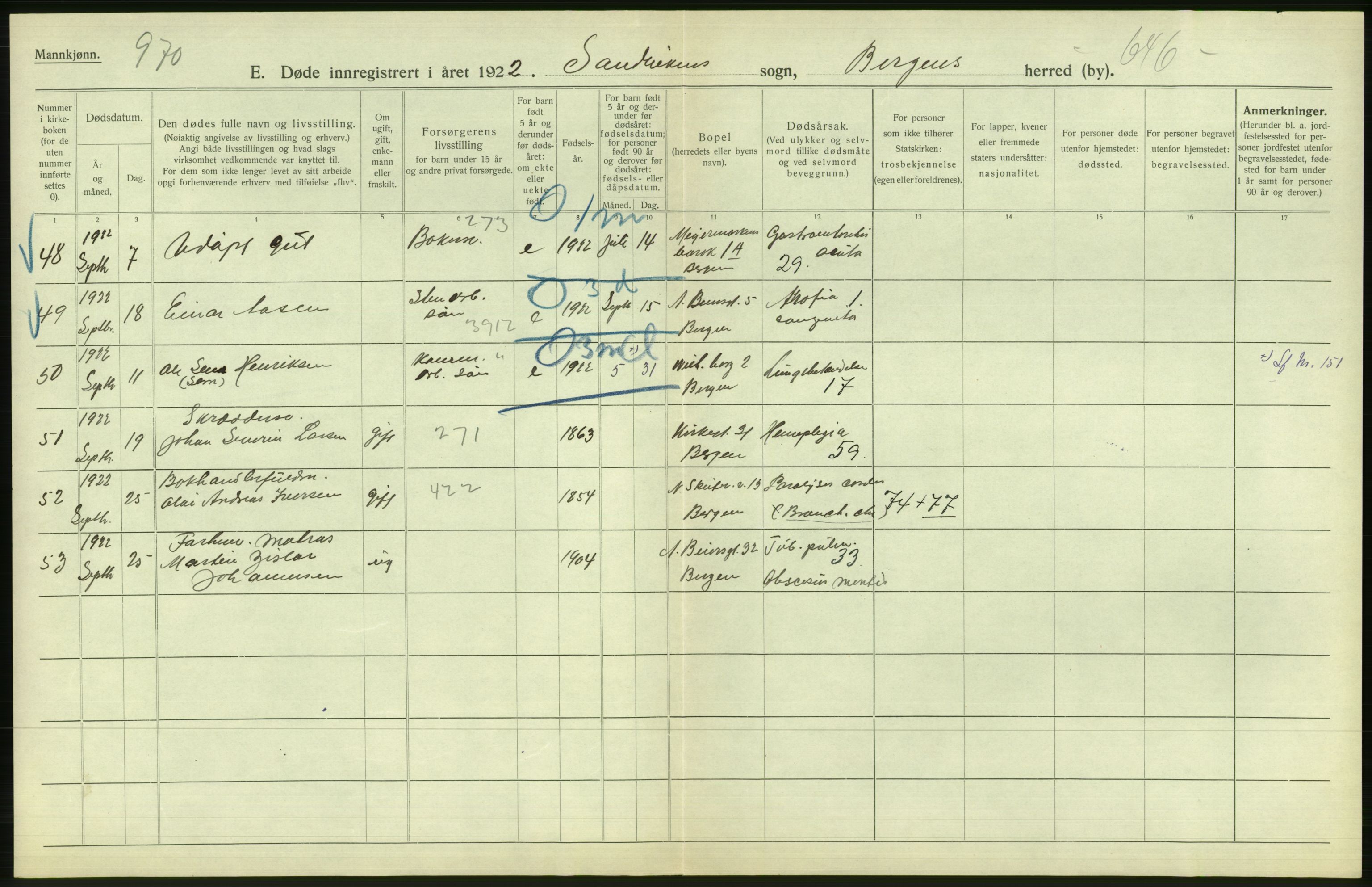 Statistisk sentralbyrå, Sosiodemografiske emner, Befolkning, AV/RA-S-2228/D/Df/Dfc/Dfcb/L0030: Bergen: Gifte, døde, dødfødte., 1922, p. 534