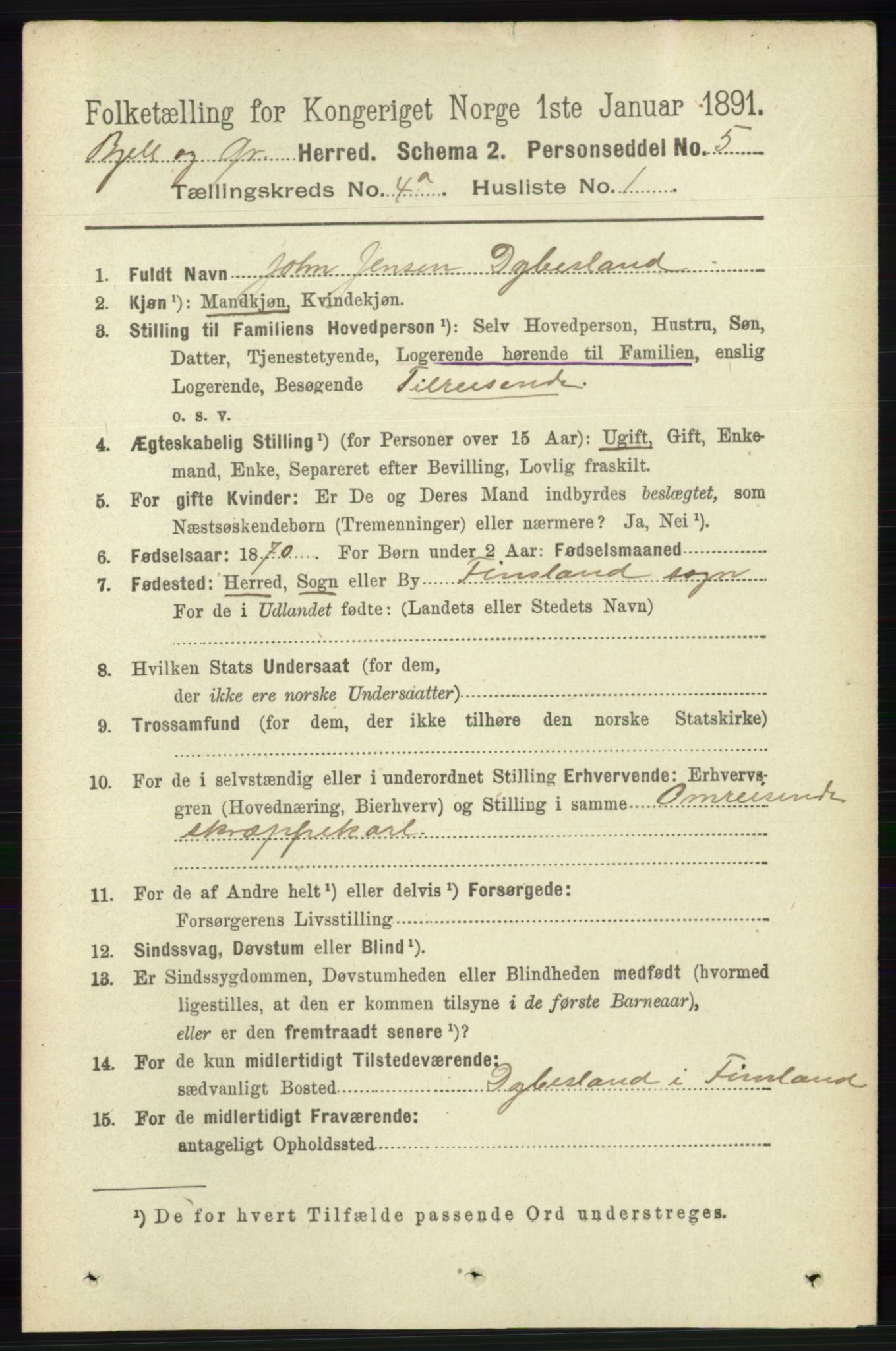 RA, 1891 census for 1024 Bjelland og Grindheim, 1891, p. 2085