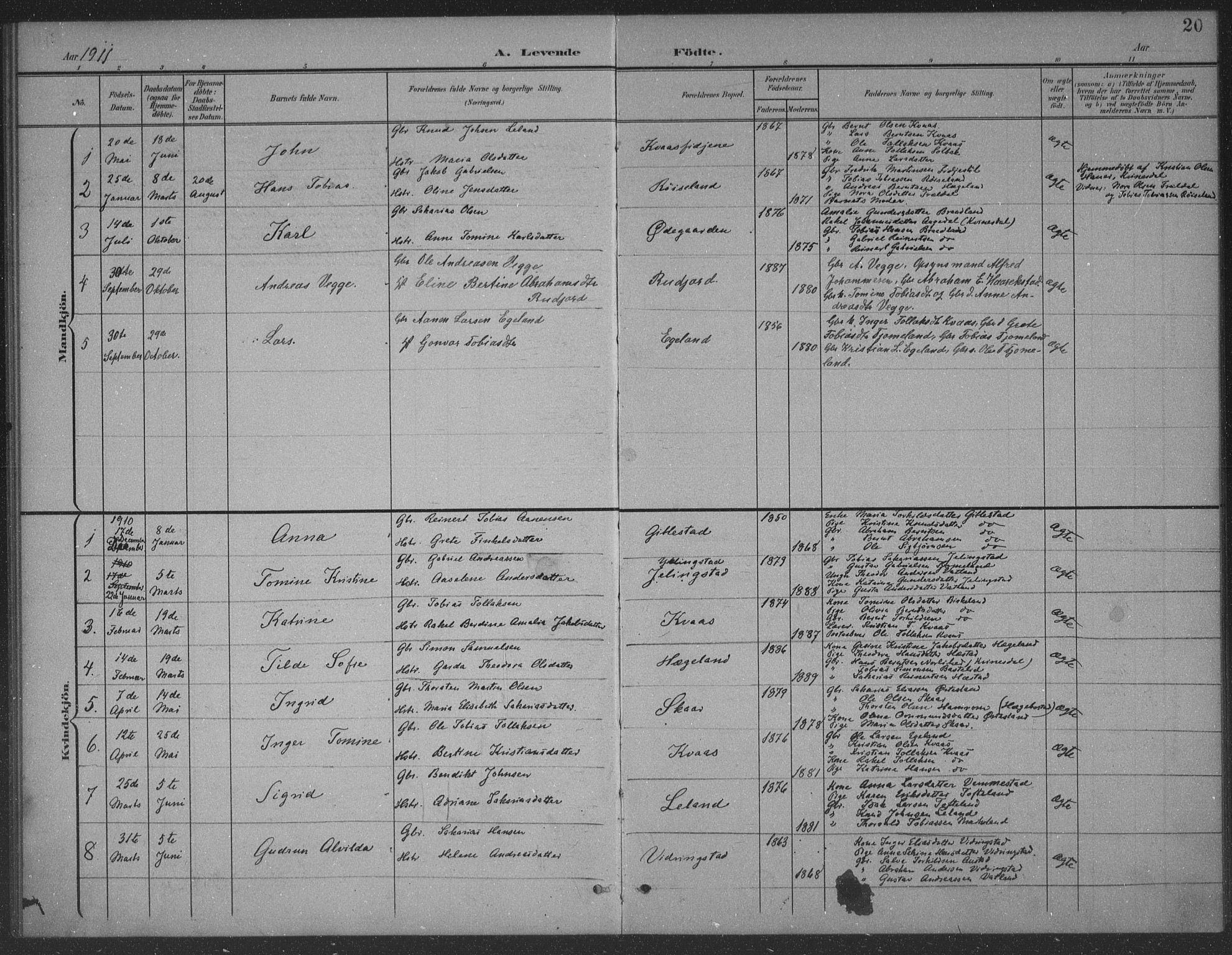 Lyngdal sokneprestkontor, SAK/1111-0029/F/Fb/Fbb/L0002: Parish register (copy) no. B 2, 1901-1934, p. 20