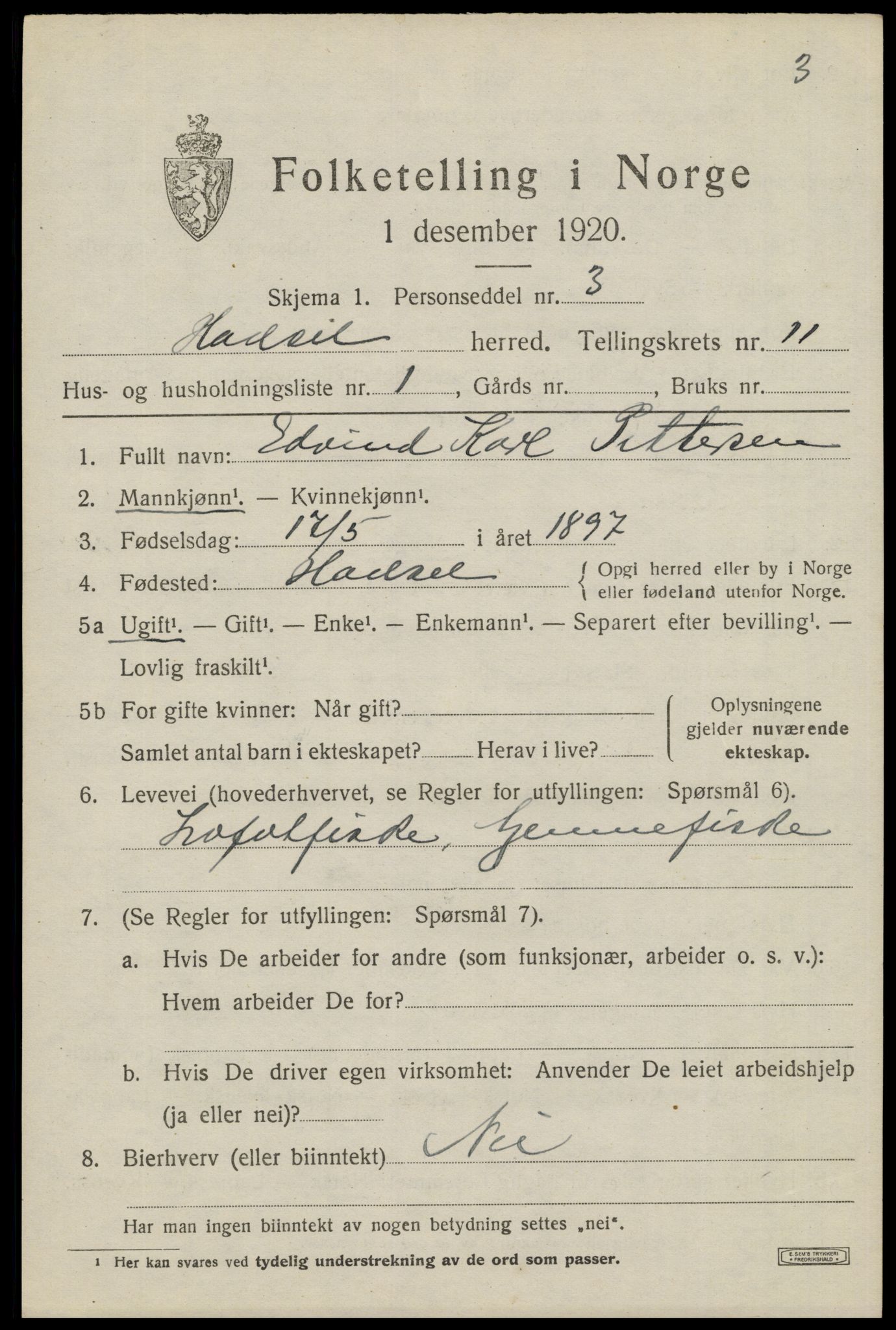 SAT, 1920 census for Hadsel, 1920, p. 8694