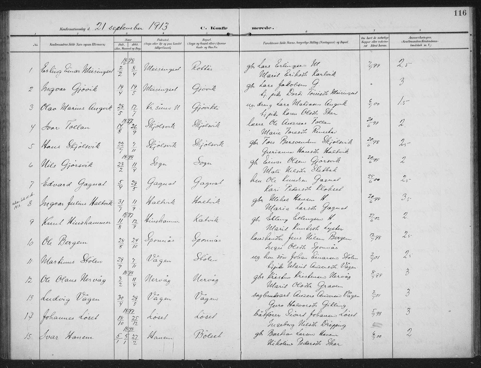 Ministerialprotokoller, klokkerbøker og fødselsregistre - Møre og Romsdal, AV/SAT-A-1454/586/L0989: Parish register (official) no. 586A15, 1906-1915, p. 116