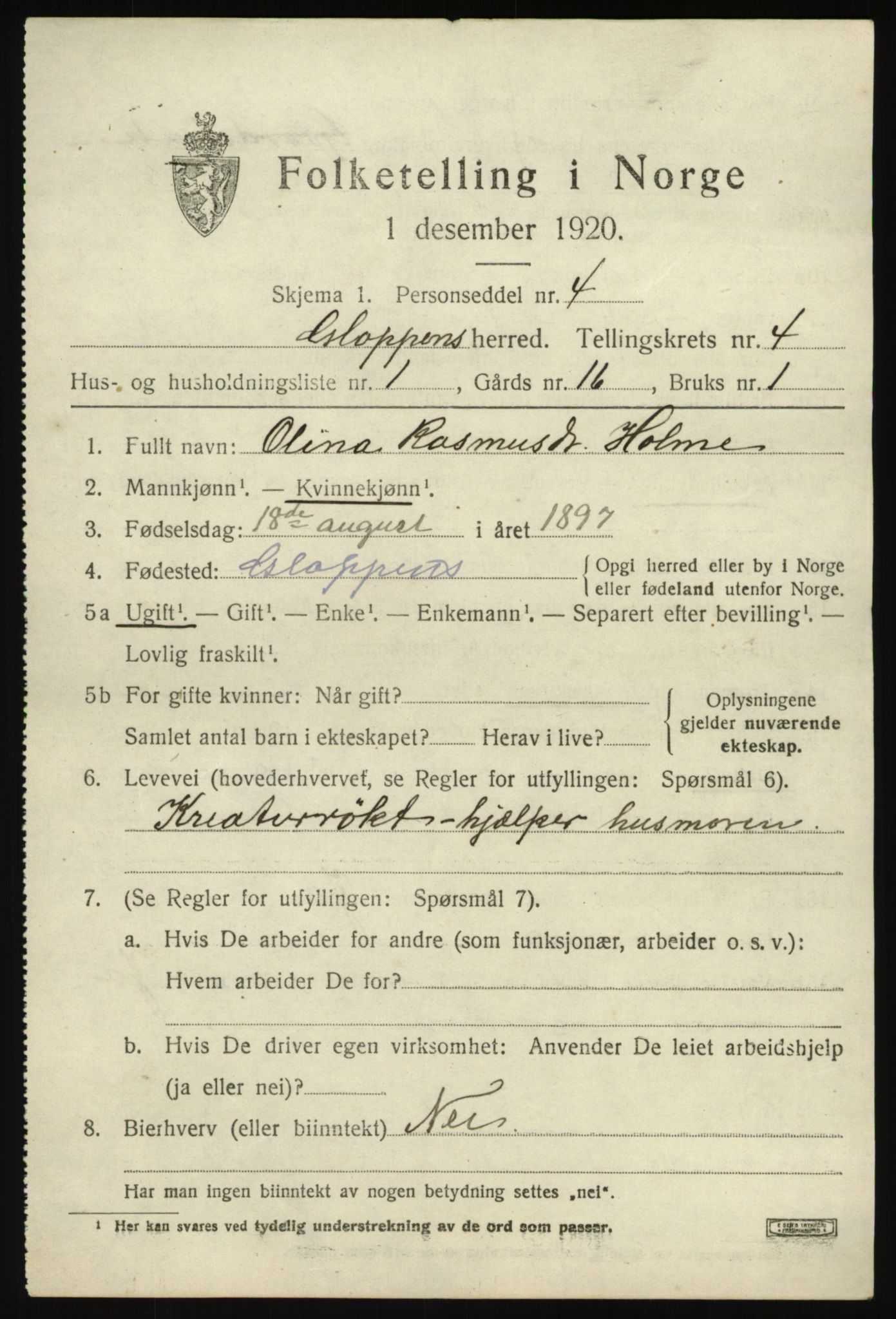 SAB, 1920 census for Gloppen, 1920, p. 2770