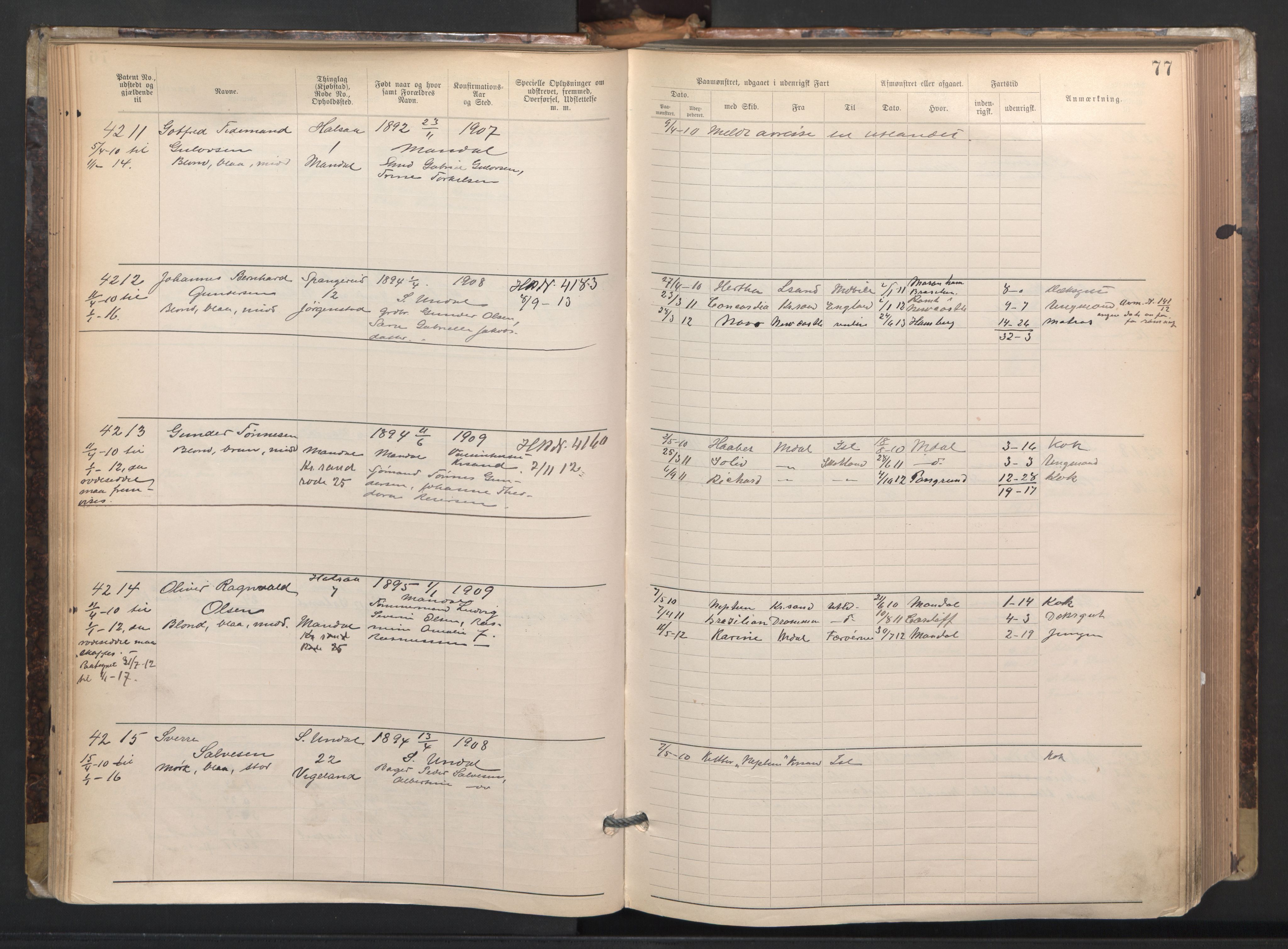 Mandal mønstringskrets, AV/SAK-2031-0016/F/Fa/L0003: Annotasjonsrulle nr 3831-4730 med register, L-5, 1900-1948, p. 101