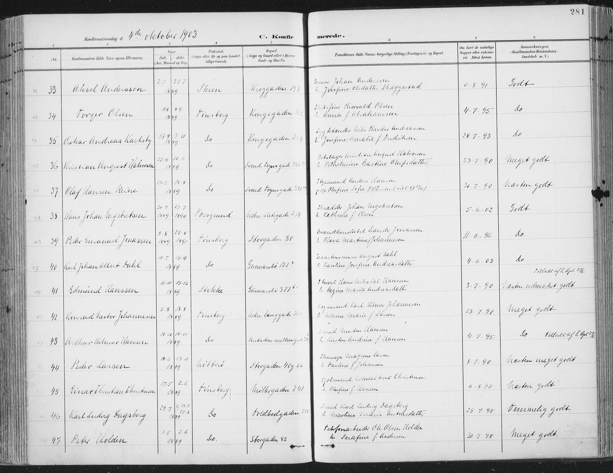 Tønsberg kirkebøker, SAKO/A-330/F/Fa/L0014: Parish register (official) no. I 14, 1900-1913, p. 281