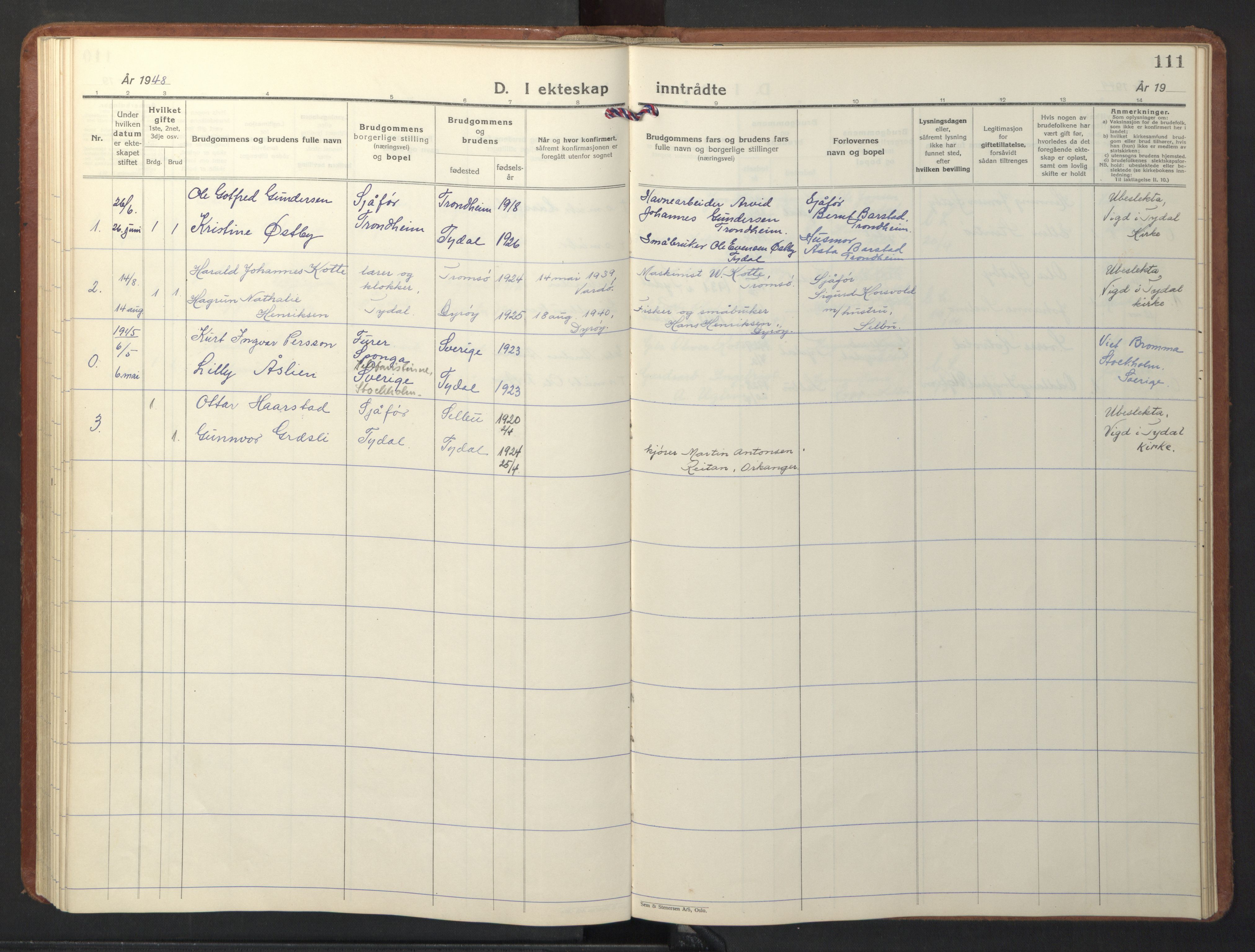 Ministerialprotokoller, klokkerbøker og fødselsregistre - Sør-Trøndelag, SAT/A-1456/698/L1169: Parish register (copy) no. 698C06, 1930-1949, p. 111