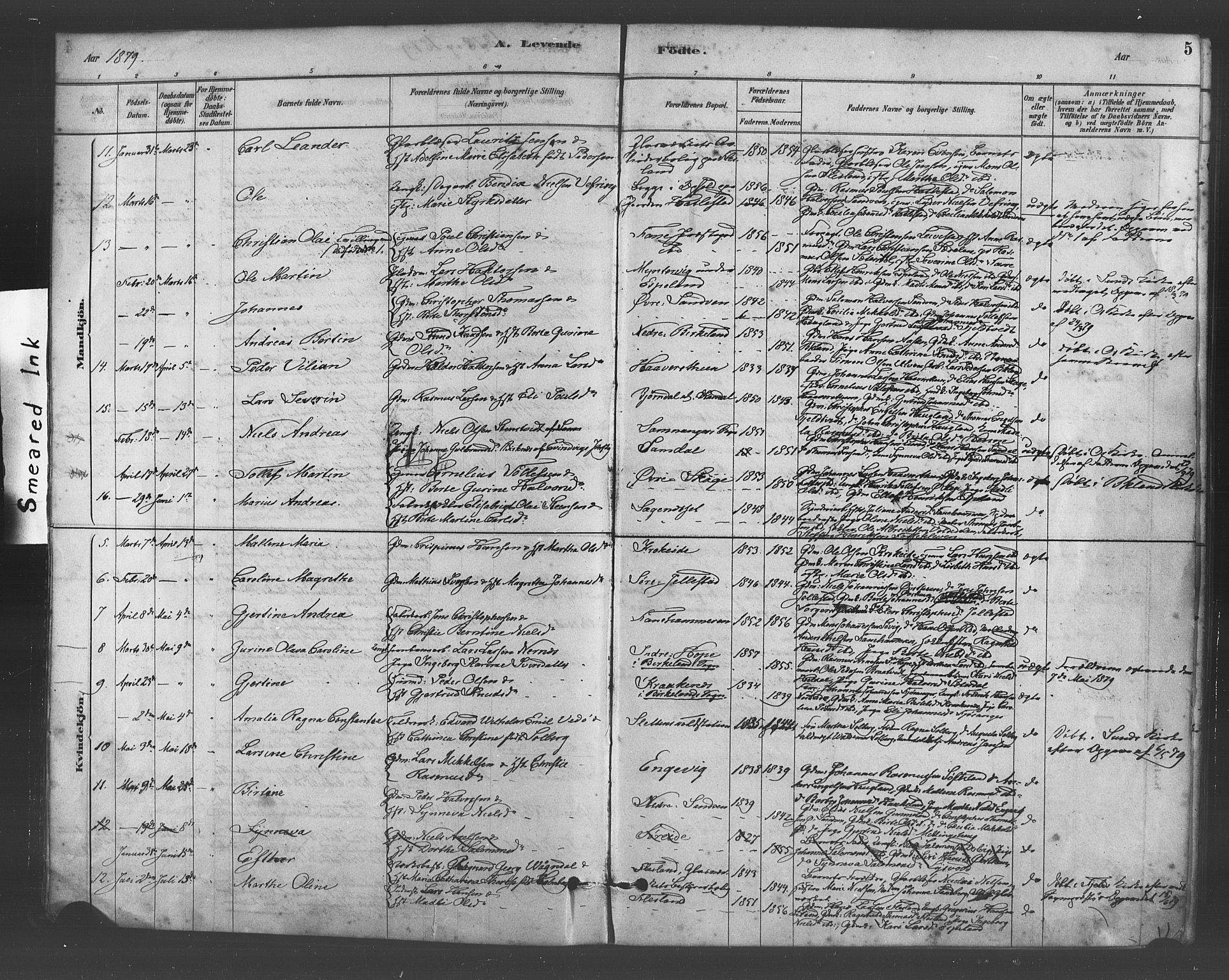 Fana Sokneprestembete, AV/SAB-A-75101/H/Haa/Haab/L0001: Parish register (official) no. B 1, 1878-1889, p. 5