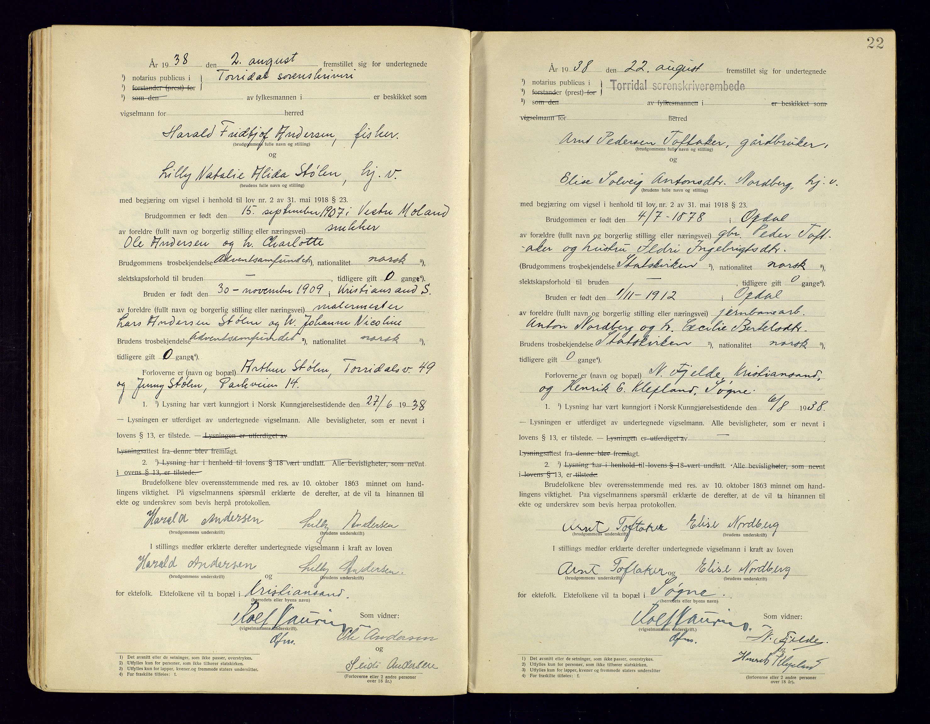 Torridal sorenskriveri, AV/SAK-1221-0012/L/Ld/L0003: Vigselbok nr. 1, 1920-1943, p. 22