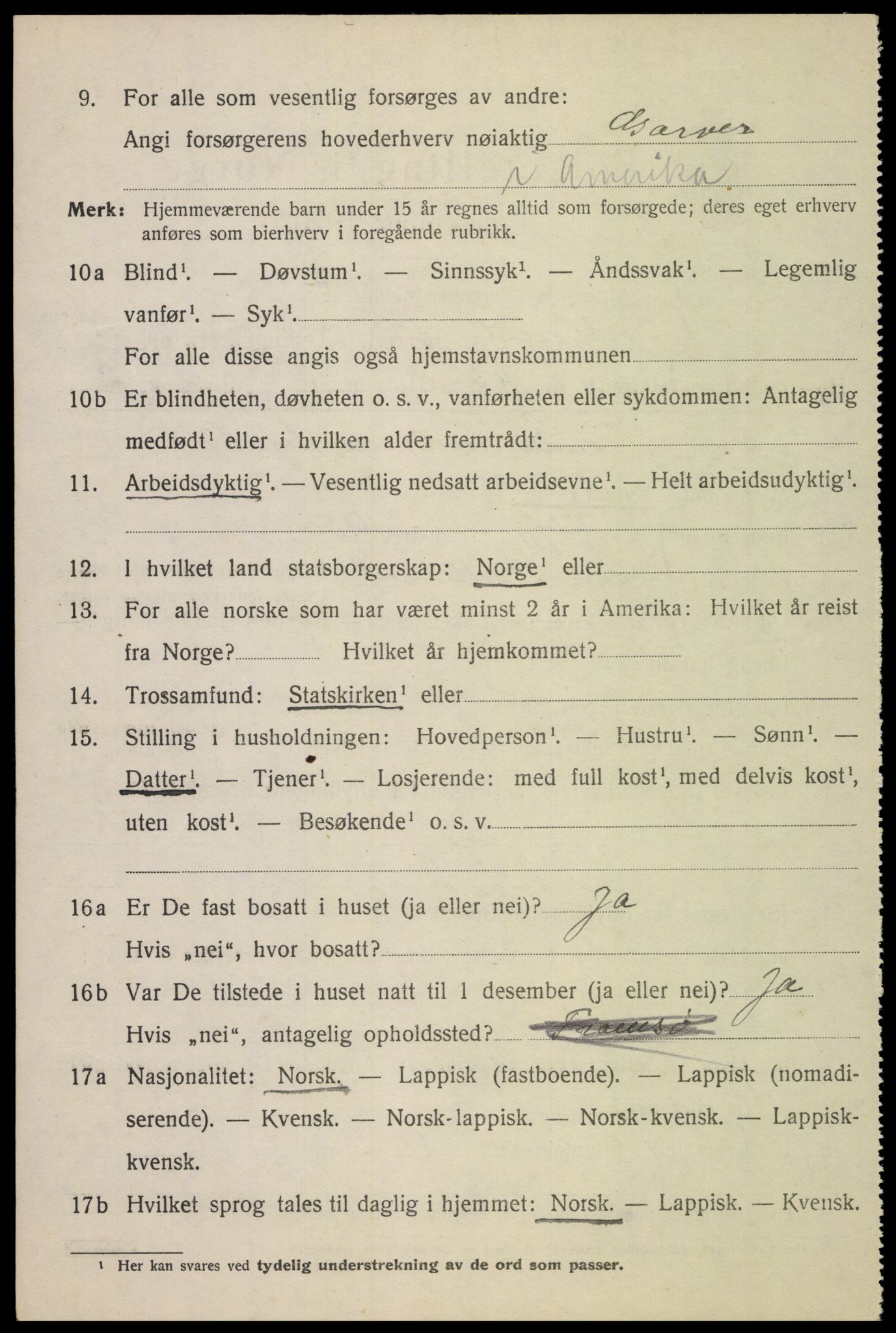 SAT, 1920 census for Sortland, 1920, p. 8949