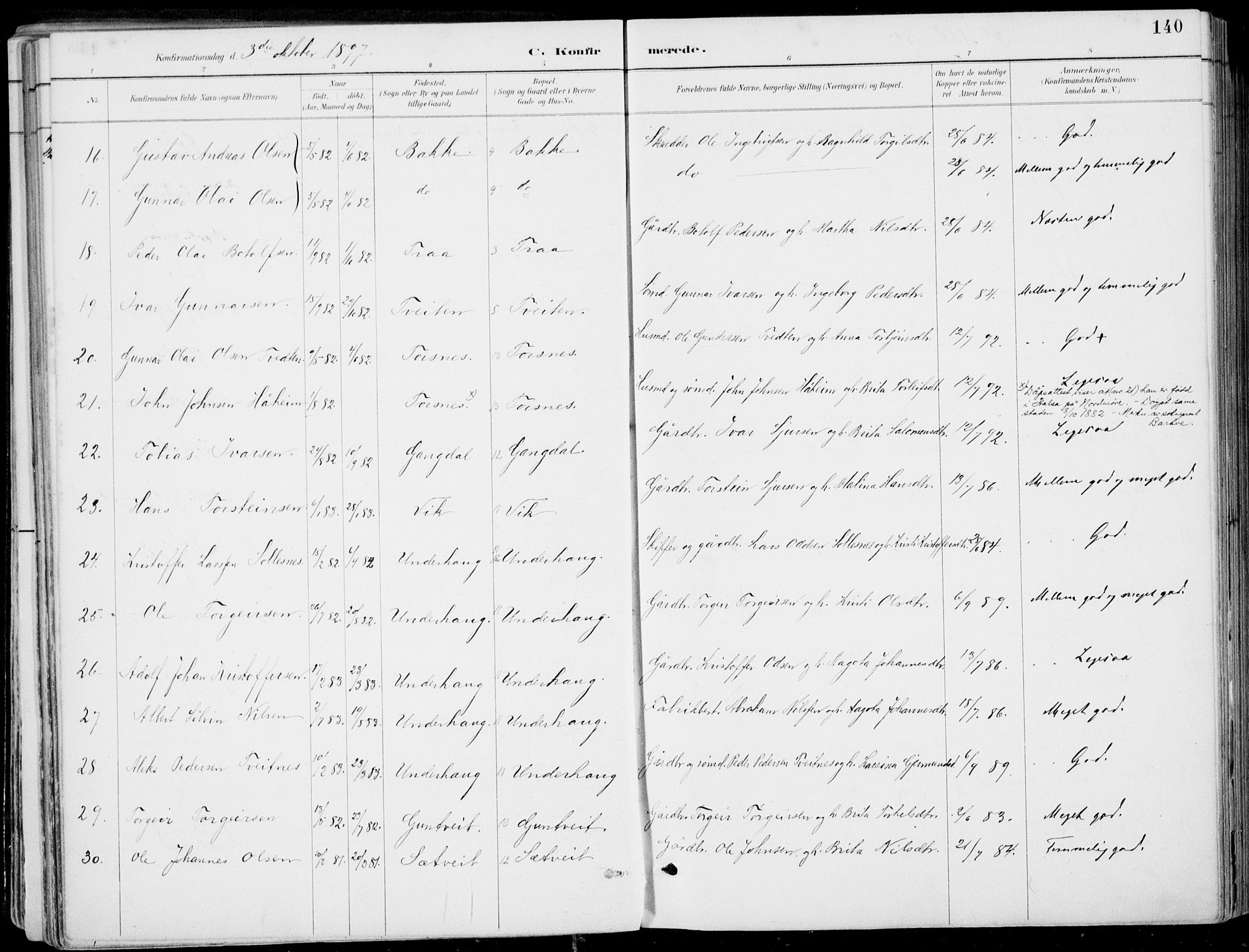 Strandebarm sokneprestembete, AV/SAB-A-78401/H/Haa: Parish register (official) no. E  1, 1886-1908, p. 140