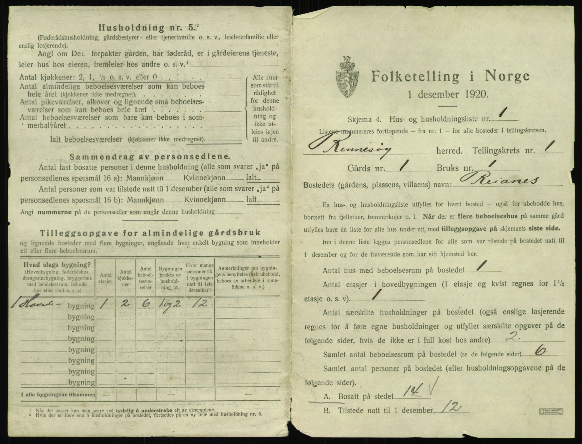 SAST, 1920 census for Rennesøy, 1920, p. 20