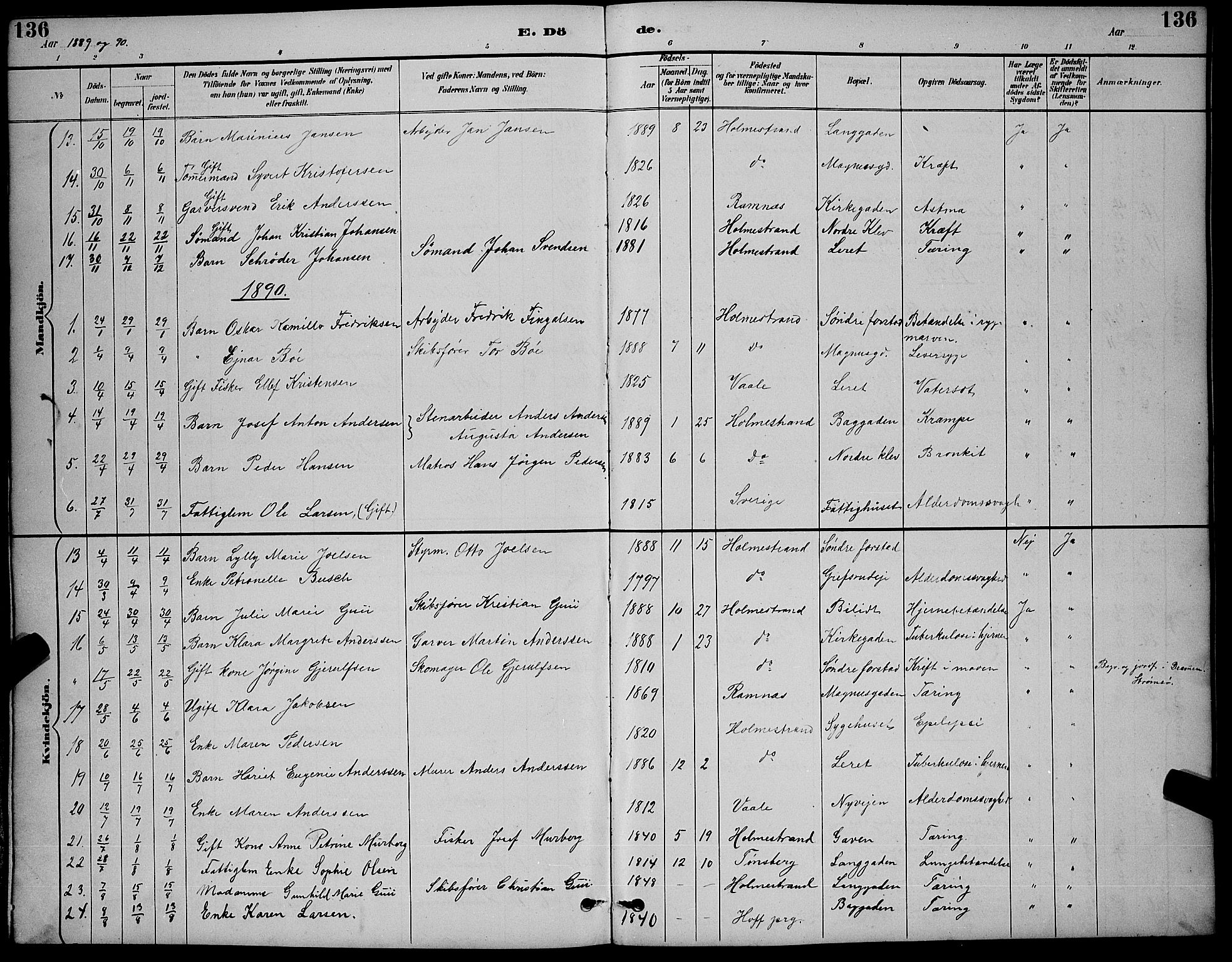 Holmestrand kirkebøker, AV/SAKO-A-346/G/Ga/L0005: Parish register (copy) no. 5, 1889-1901, p. 136