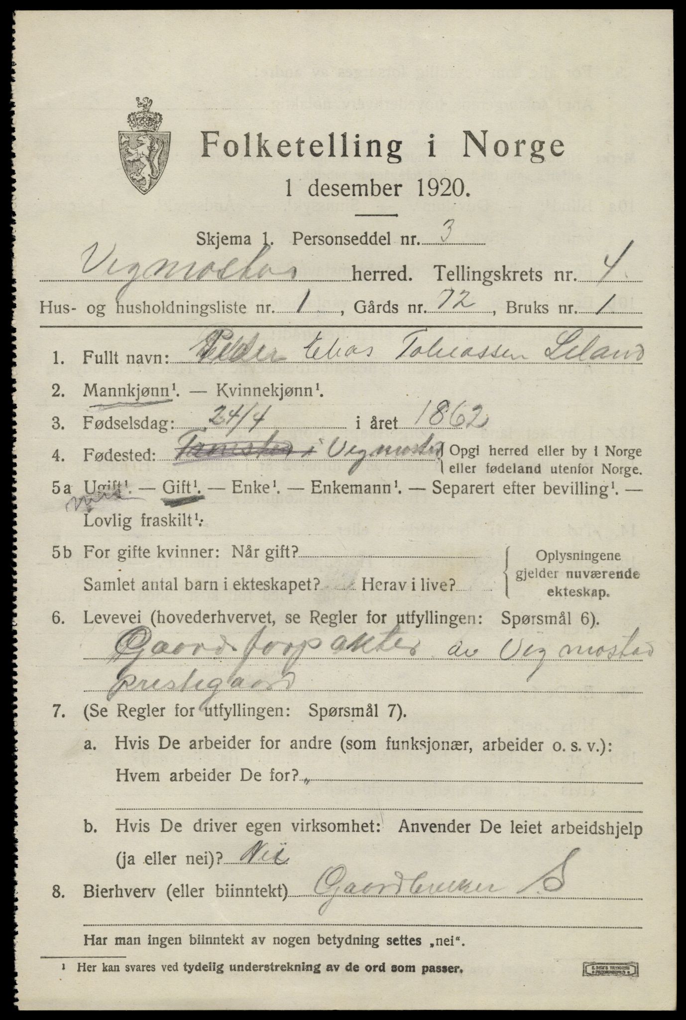 SAK, 1920 census for Vigmostad, 1920, p. 1177