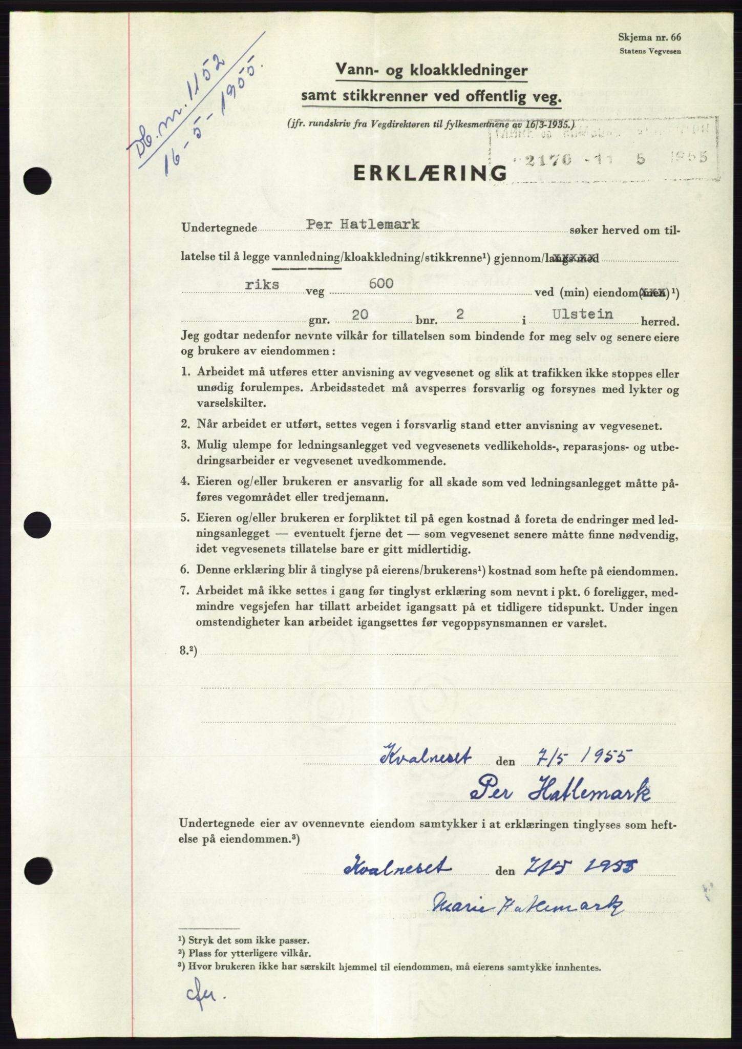 Søre Sunnmøre sorenskriveri, AV/SAT-A-4122/1/2/2C/L0101: Mortgage book no. 27A, 1955-1955, Diary no: : 1152/1955