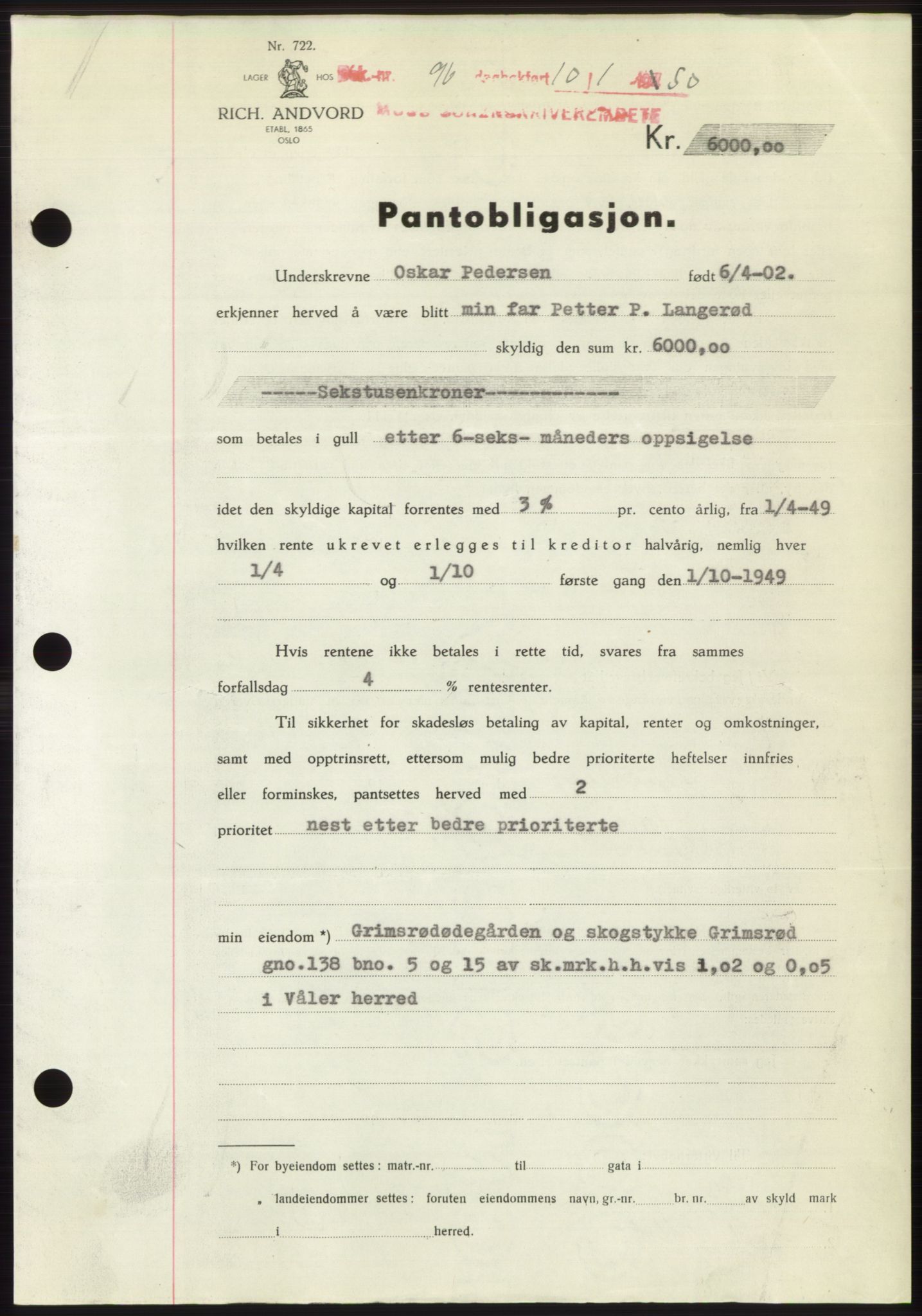 Moss sorenskriveri, SAO/A-10168: Mortgage book no. B23, 1949-1950, Diary no: : 96/1950