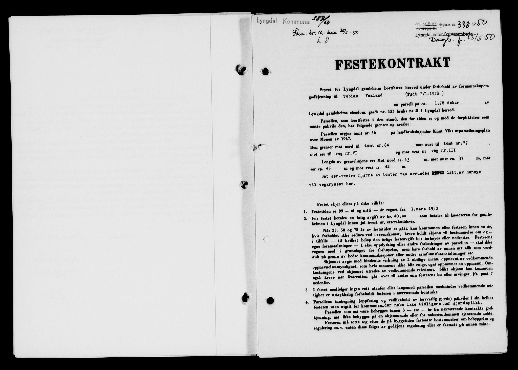 Lyngdal sorenskriveri, AV/SAK-1221-0004/G/Gb/L0665: Mortgage book no. A XI, 1950-1950, Diary no: : 388/1950