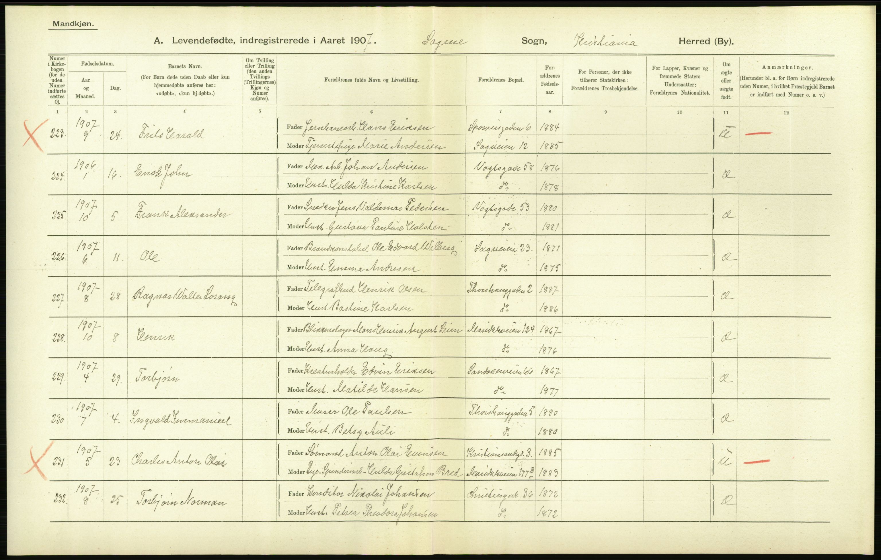 Statistisk sentralbyrå, Sosiodemografiske emner, Befolkning, AV/RA-S-2228/D/Df/Dfa/Dfae/L0006: Kristiania: Levendefødte menn og kvinner., 1907, p. 686