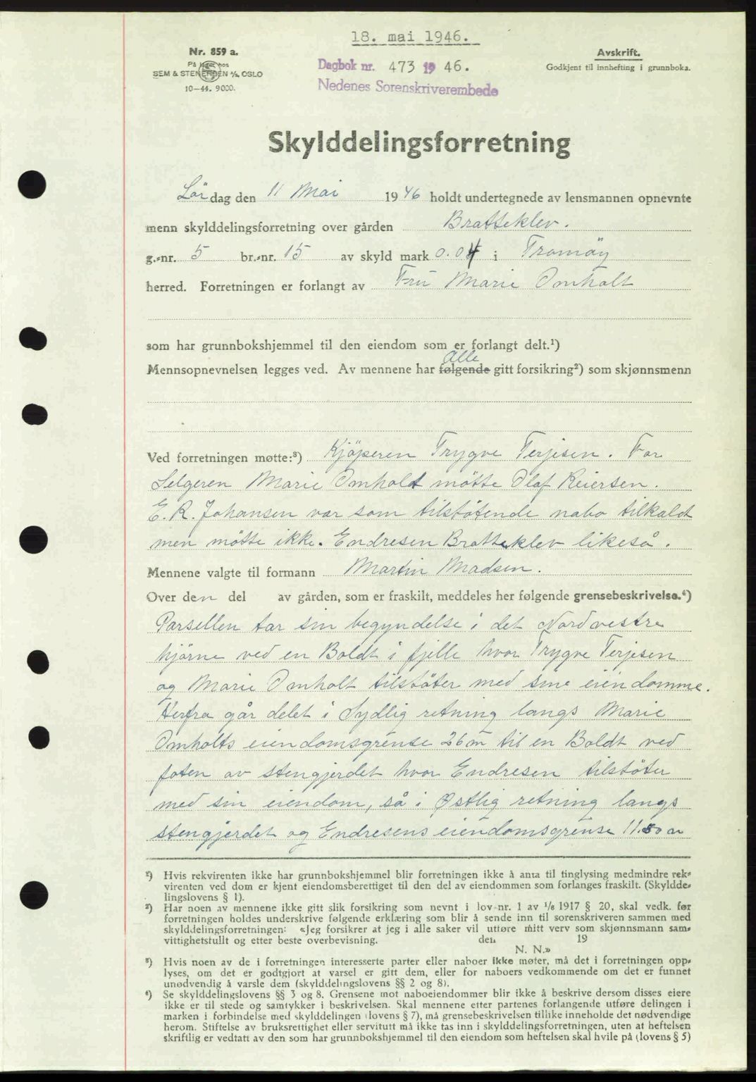 Nedenes sorenskriveri, AV/SAK-1221-0006/G/Gb/Gba/L0054: Mortgage book no. A6c, 1946-1946, Diary no: : 473/1946