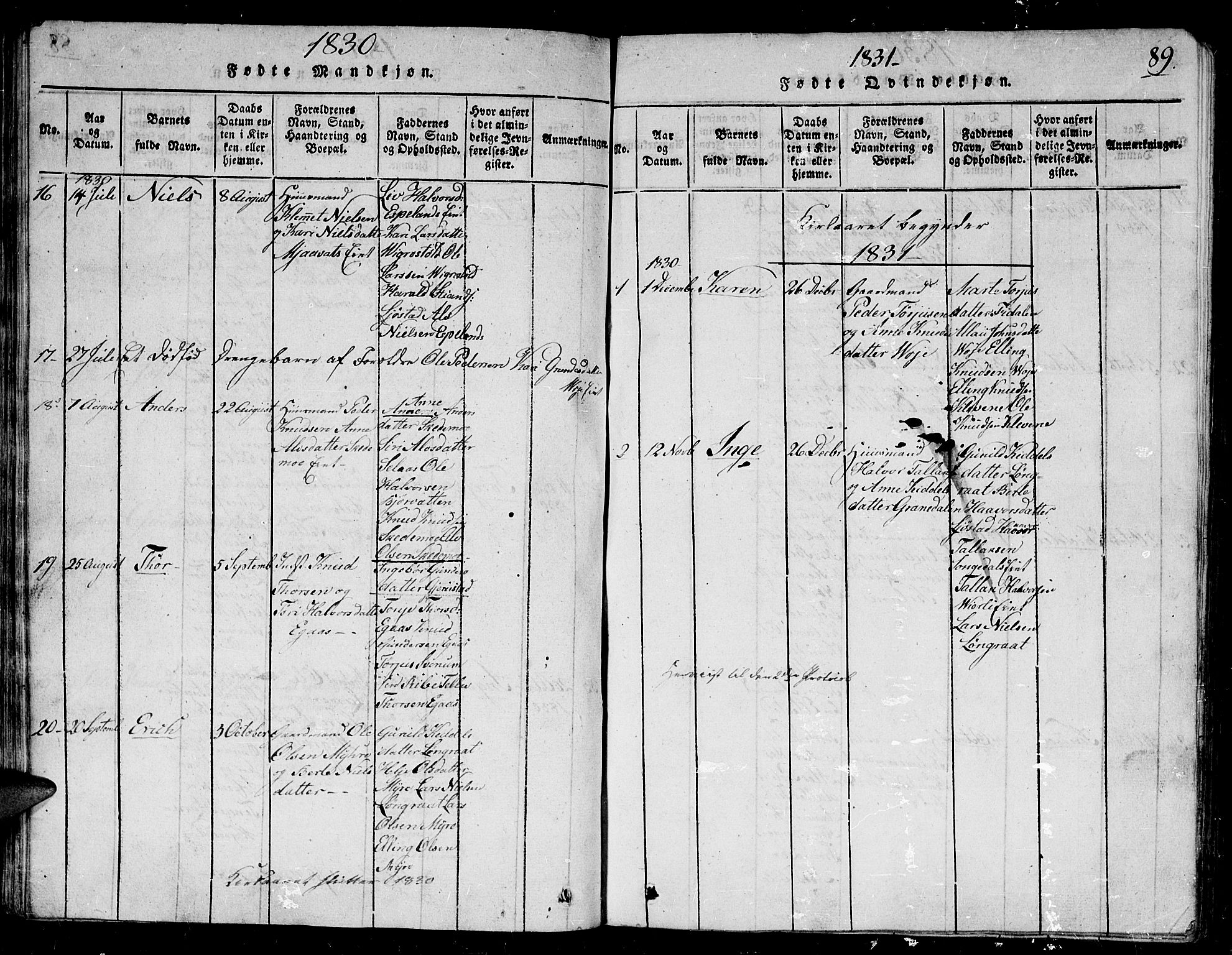 Gjerstad sokneprestkontor, SAK/1111-0014/F/Fb/Fbb/L0001: Parish register (copy) no. B 1, 1813-1863, p. 89