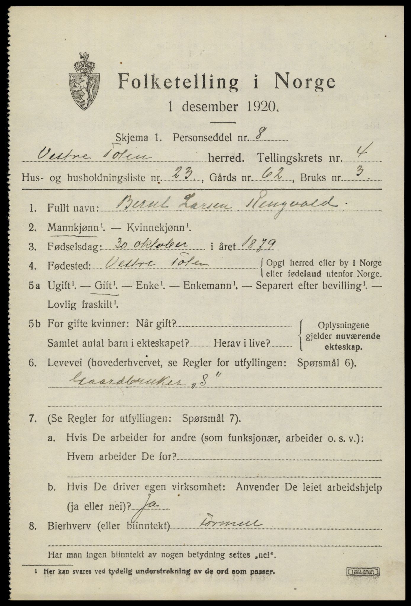 SAH, 1920 census for Vestre Toten, 1920, p. 5882