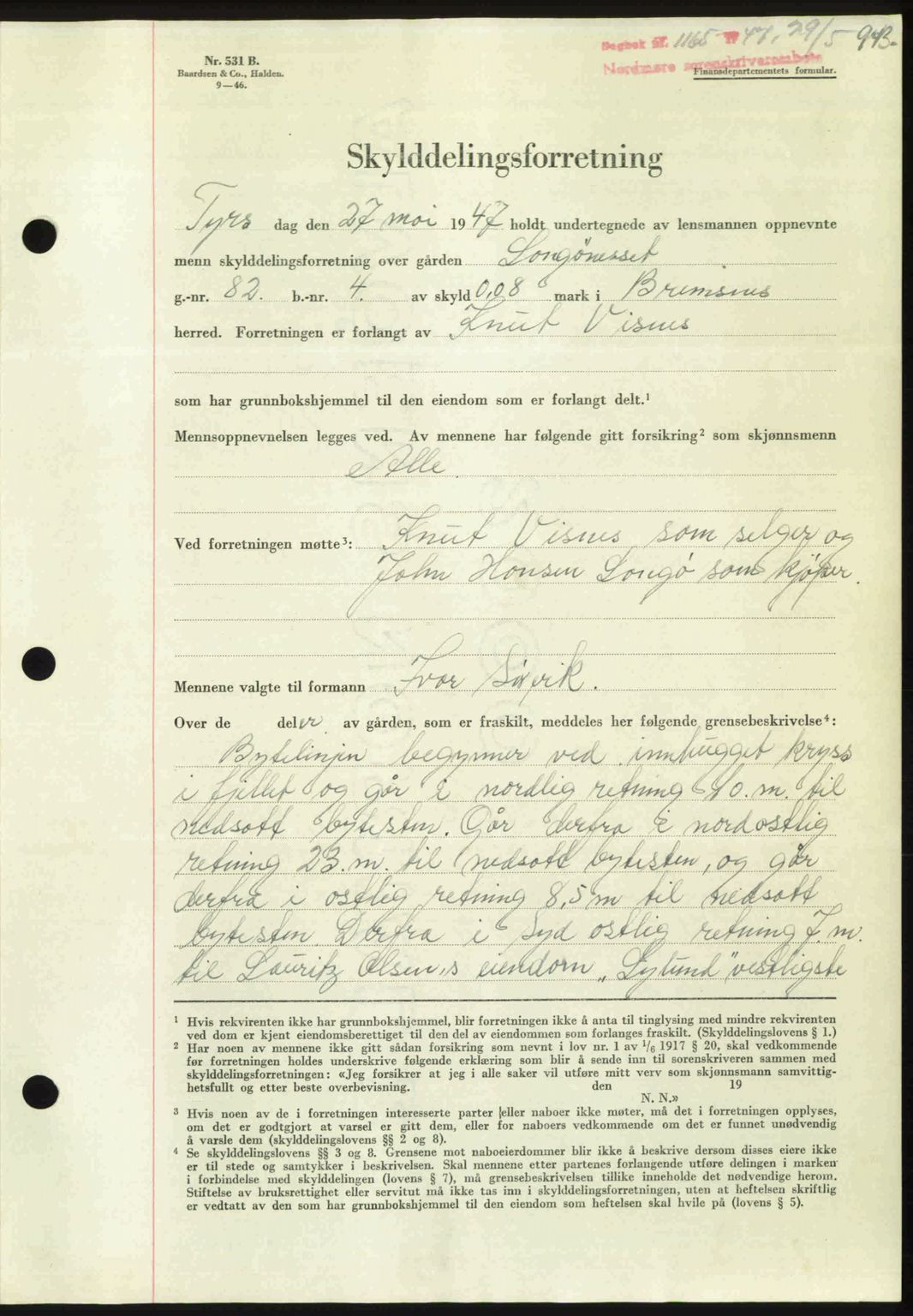 Nordmøre sorenskriveri, AV/SAT-A-4132/1/2/2Ca: Mortgage book no. A104, 1947-1947, Diary no: : 1165/1947
