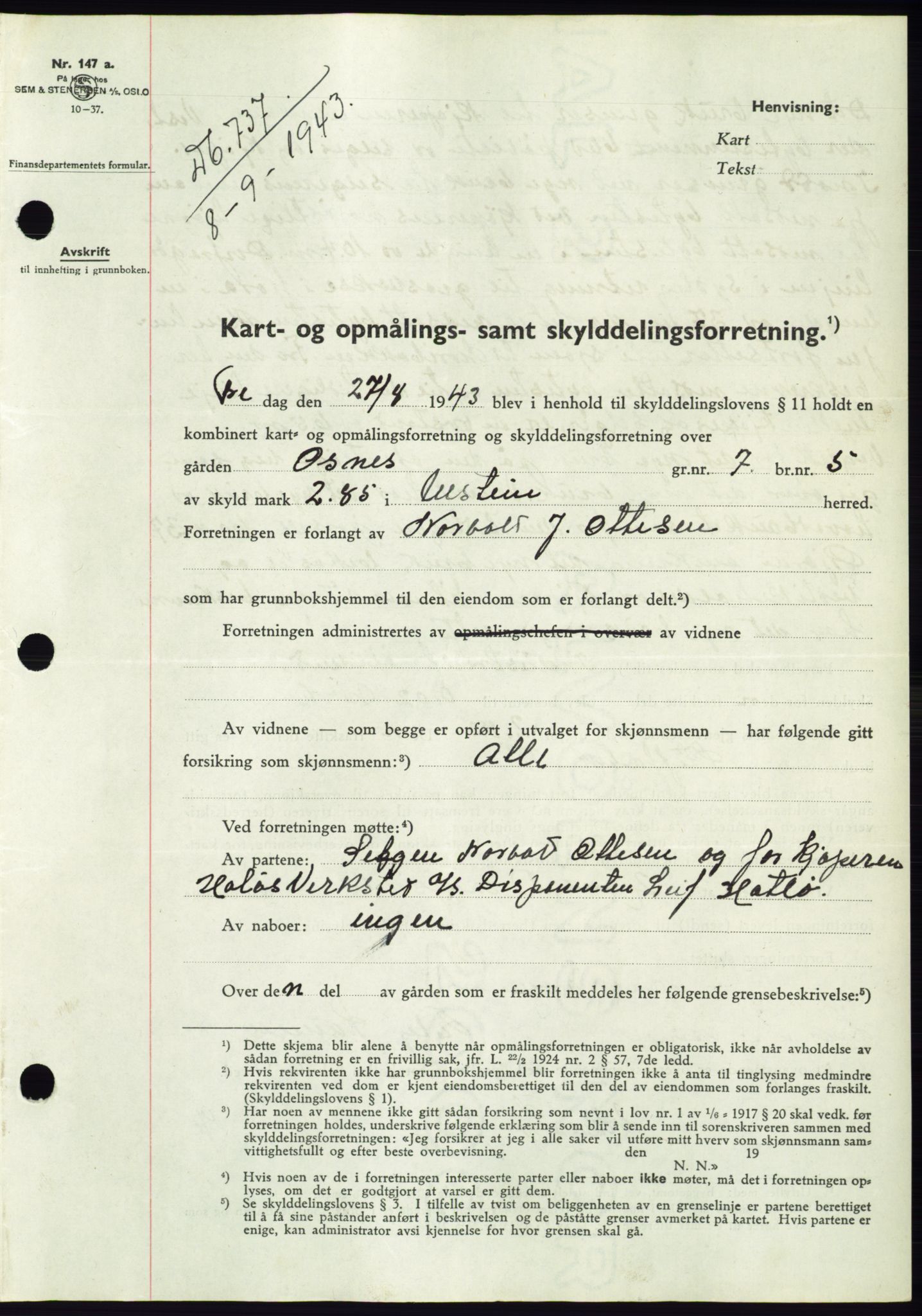 Søre Sunnmøre sorenskriveri, AV/SAT-A-4122/1/2/2C/L0075: Mortgage book no. 1A, 1943-1943, Diary no: : 737/1943