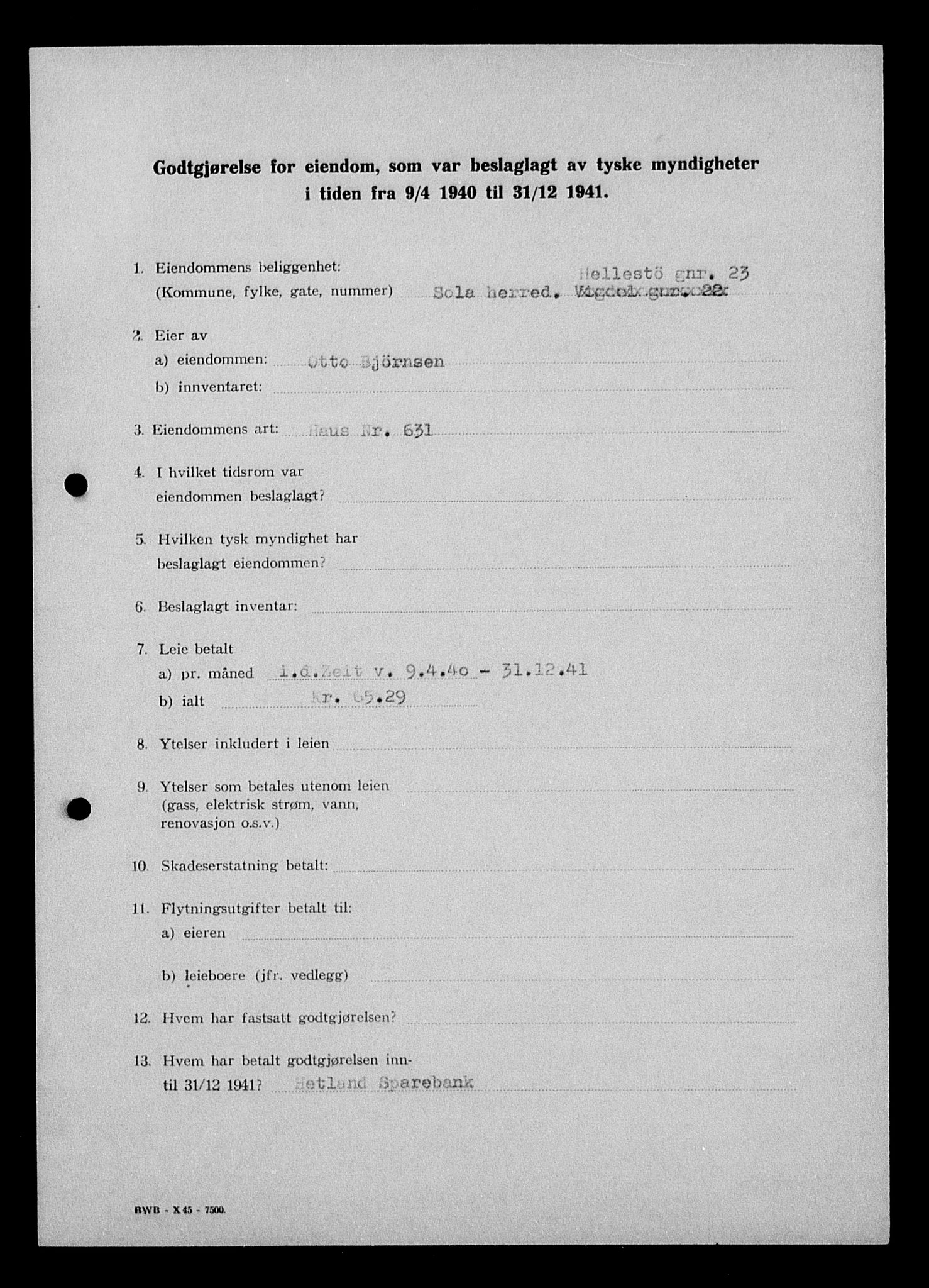 Justisdepartementet, Tilbakeføringskontoret for inndratte formuer, AV/RA-S-1564/I/L1014: Godtgjørelse for beslaglagt eiendom, 1940-1941, p. 182