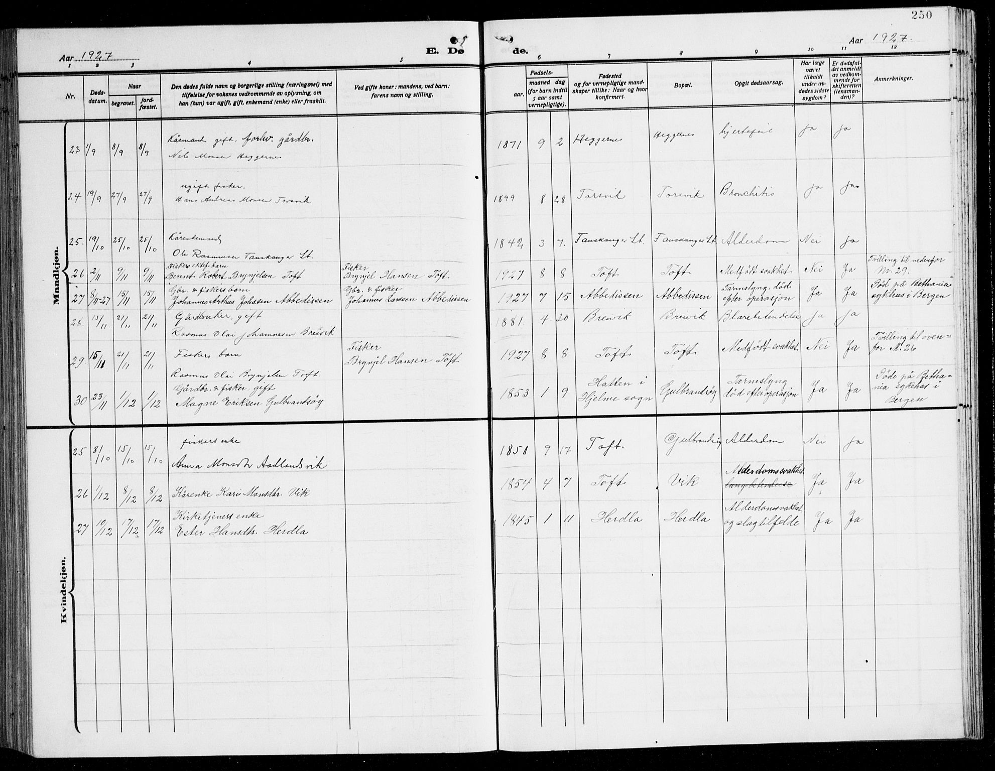 Herdla Sokneprestembete, AV/SAB-A-75701/H/Hab: Parish register (copy) no. C 3, 1926-1940, p. 250