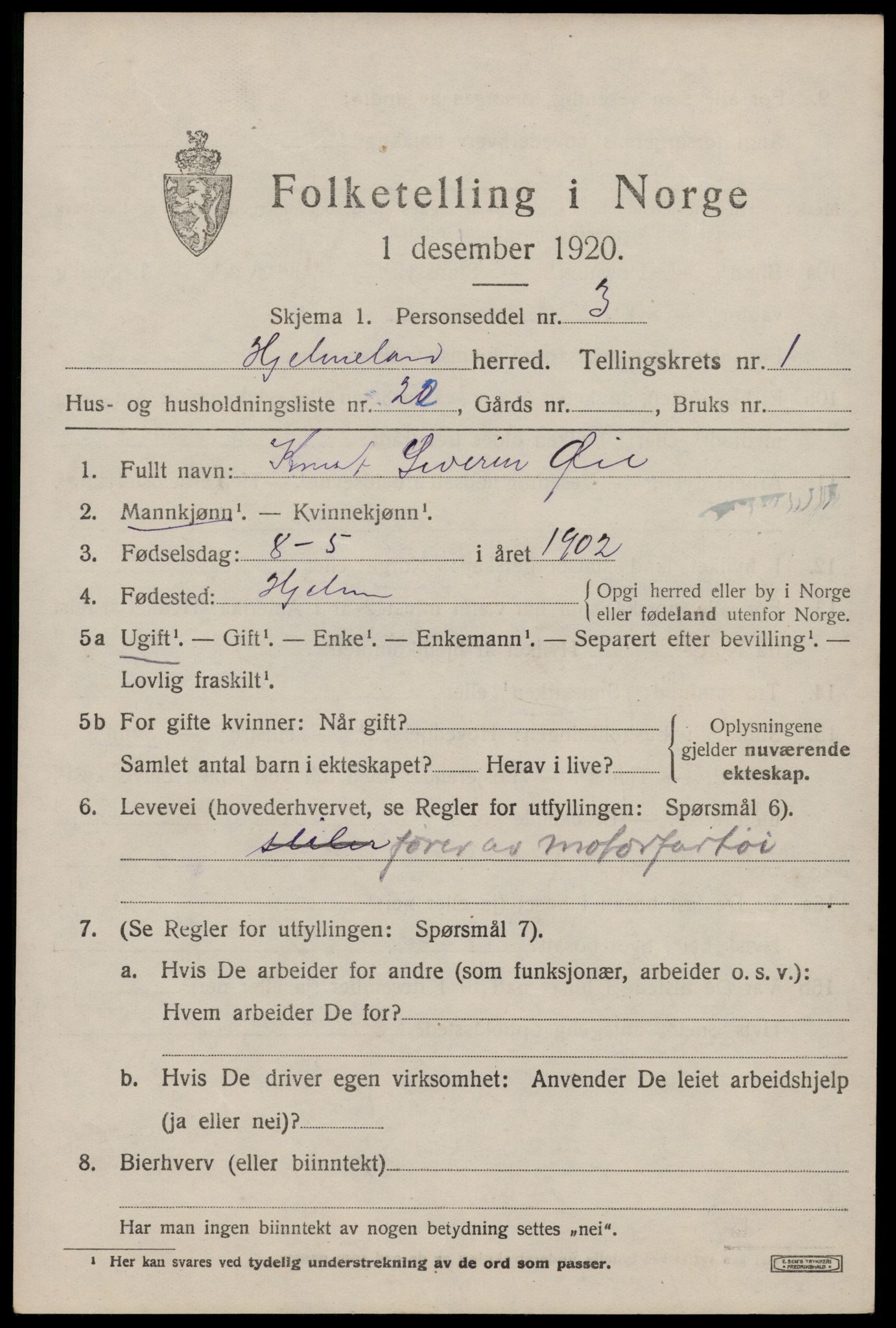 SAST, 1920 census for Hjelmeland, 1920, p. 1065