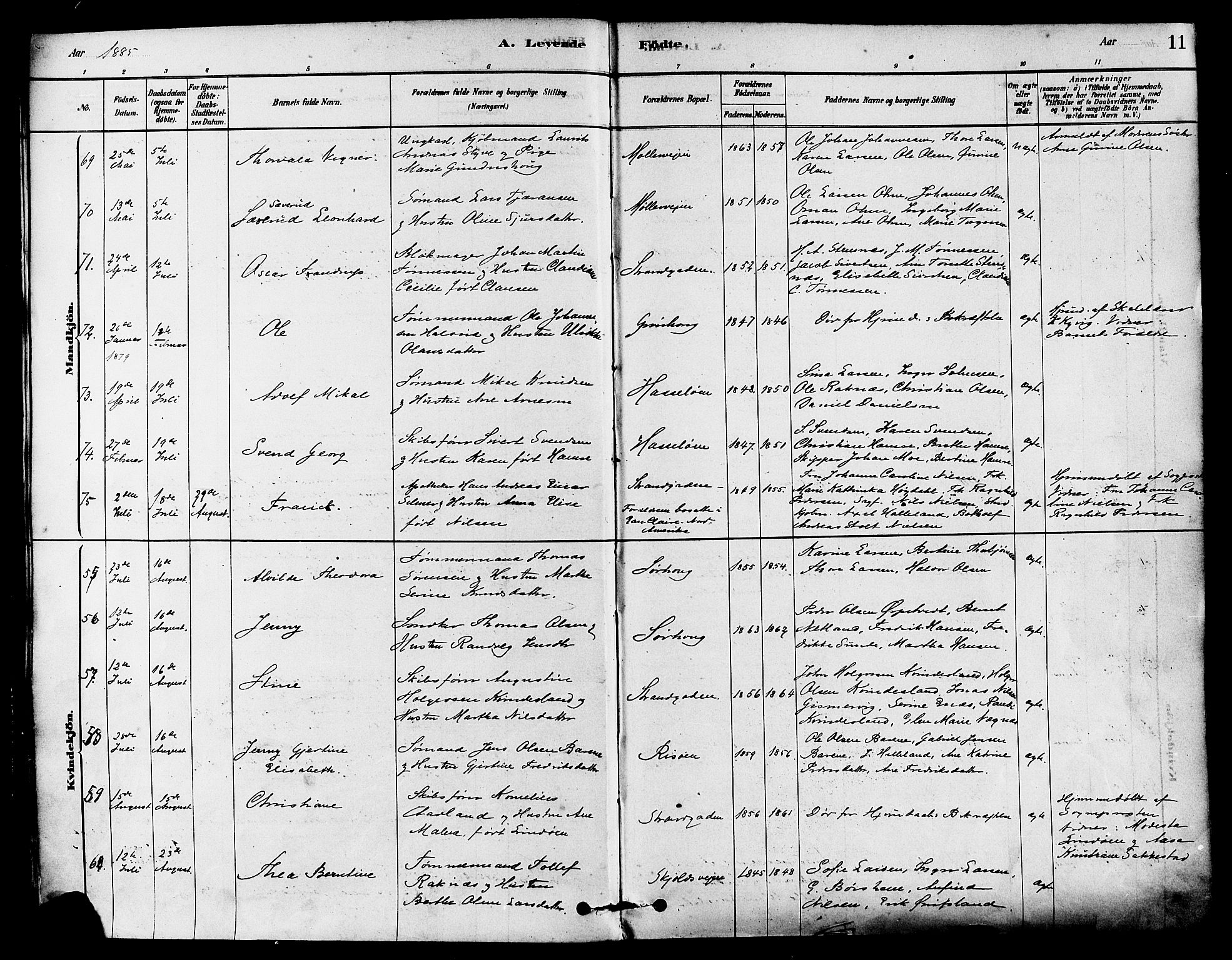 Haugesund sokneprestkontor, AV/SAST-A -101863/H/Ha/Haa/L0003: Parish register (official) no. A 3, 1885-1890, p. 11