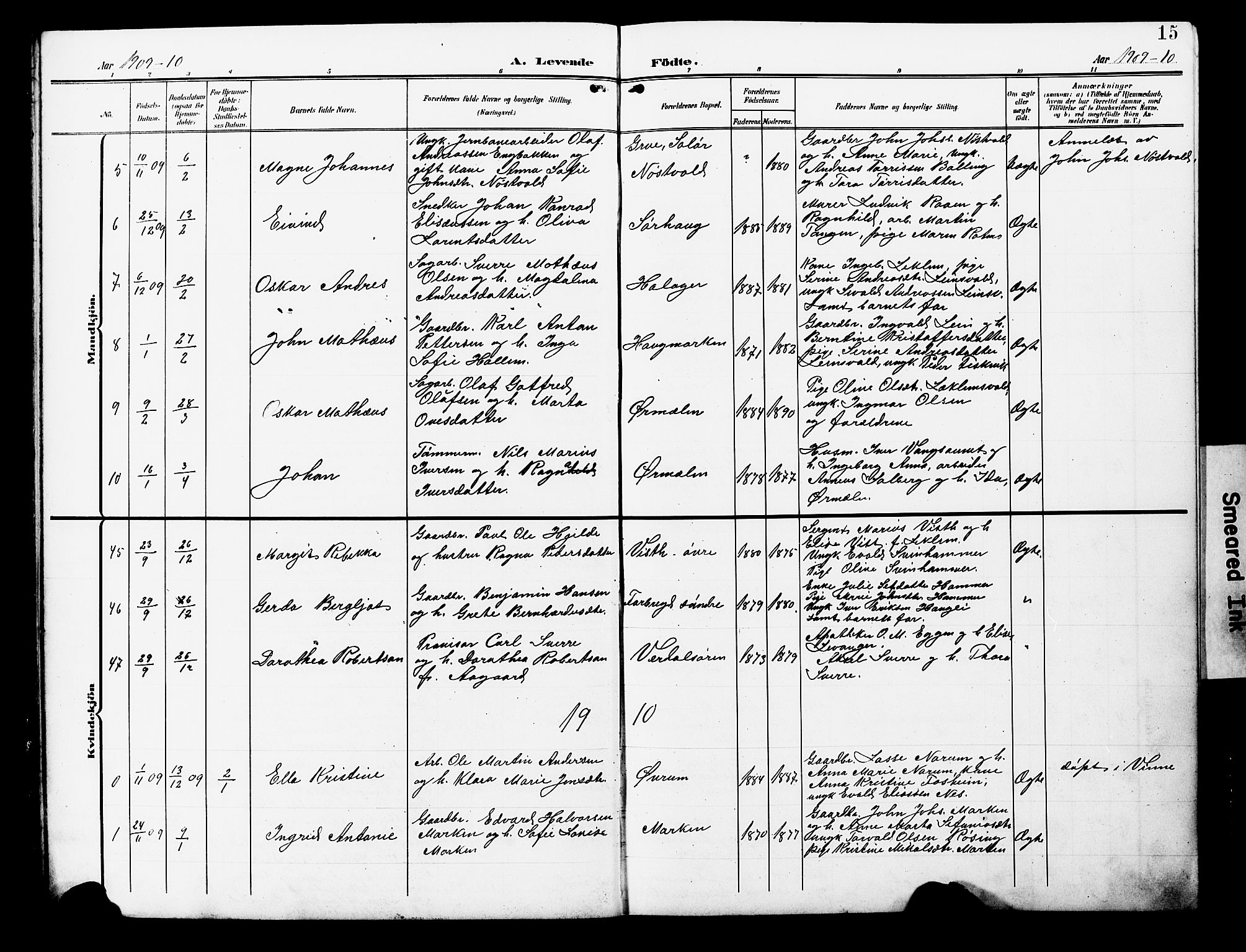 Ministerialprotokoller, klokkerbøker og fødselsregistre - Nord-Trøndelag, SAT/A-1458/723/L0258: Parish register (copy) no. 723C06, 1908-1927, p. 15