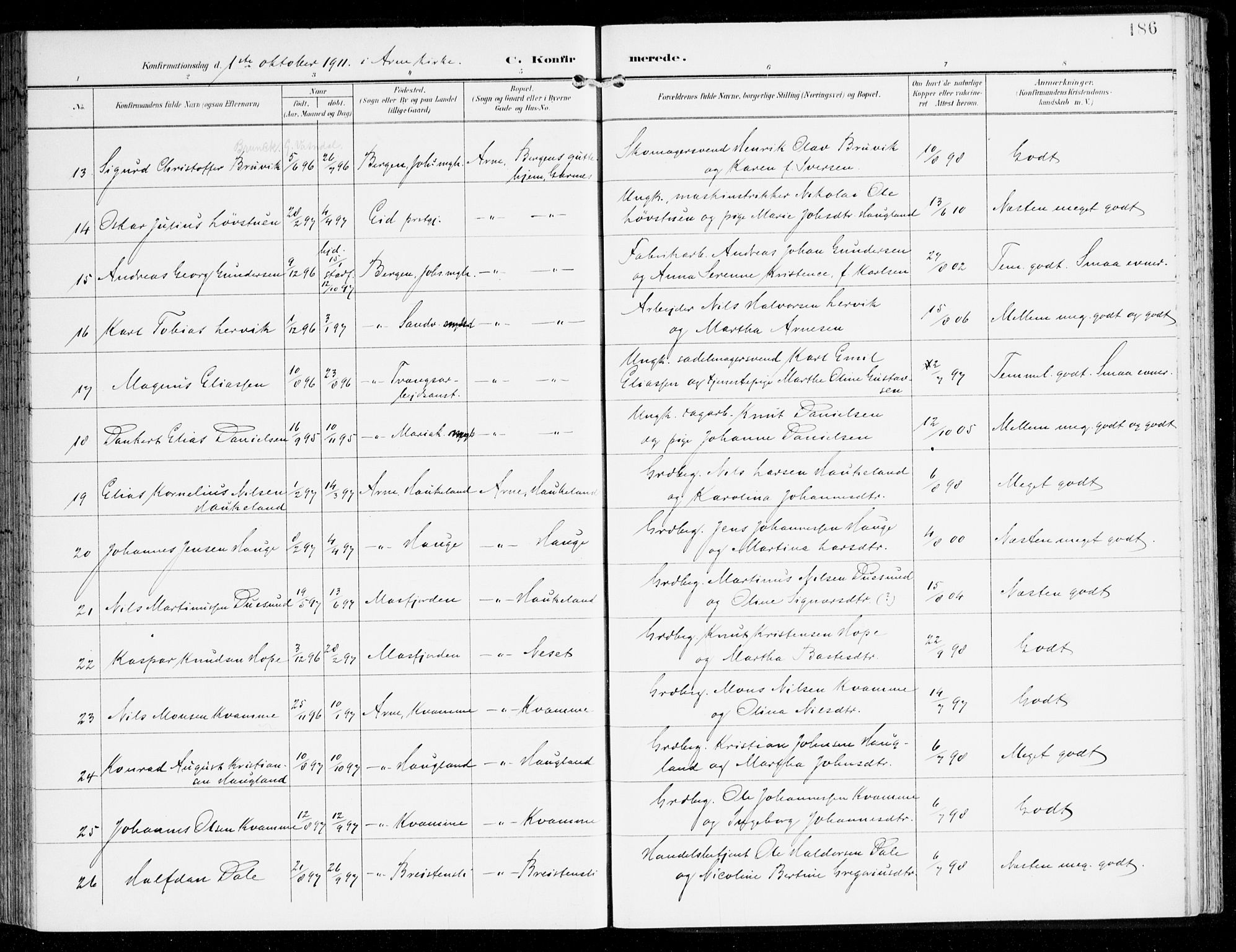 Haus sokneprestembete, AV/SAB-A-75601/H/Haa: Parish register (official) no. D 2, 1899-1912, p. 186