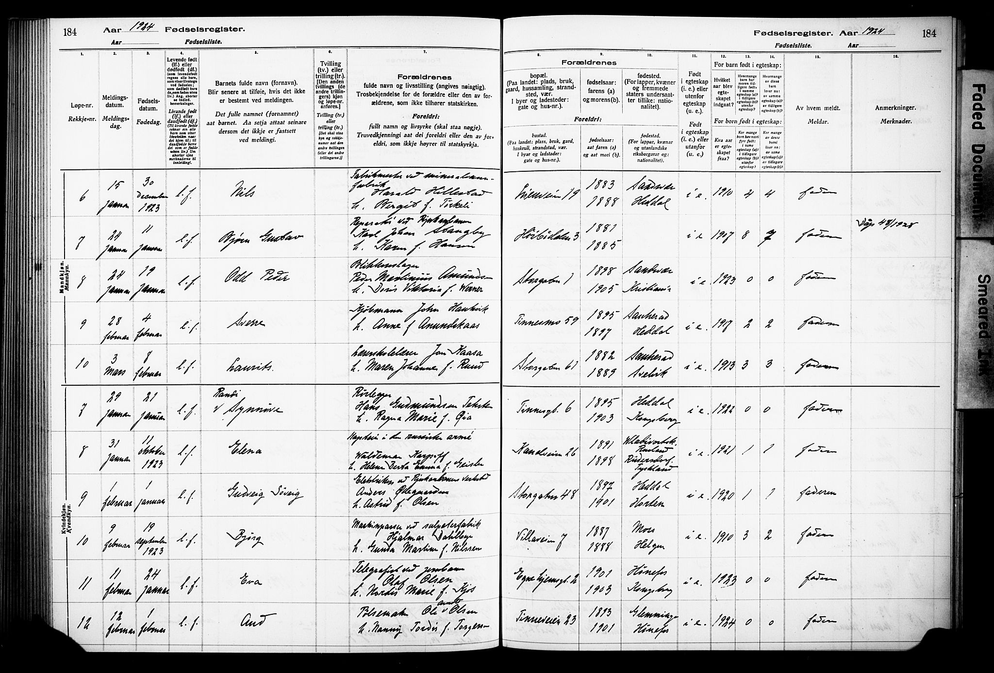 Notodden kirkebøker, AV/SAKO-A-290/J/Ja/L0001: Birth register no. 1, 1916-1924, p. 184