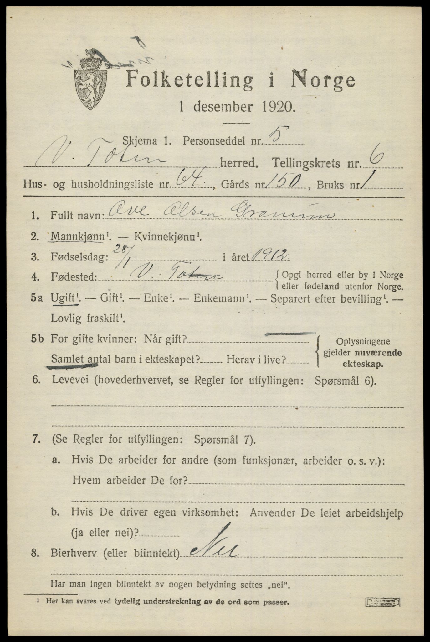 SAH, 1920 census for Vestre Toten, 1920, p. 8858