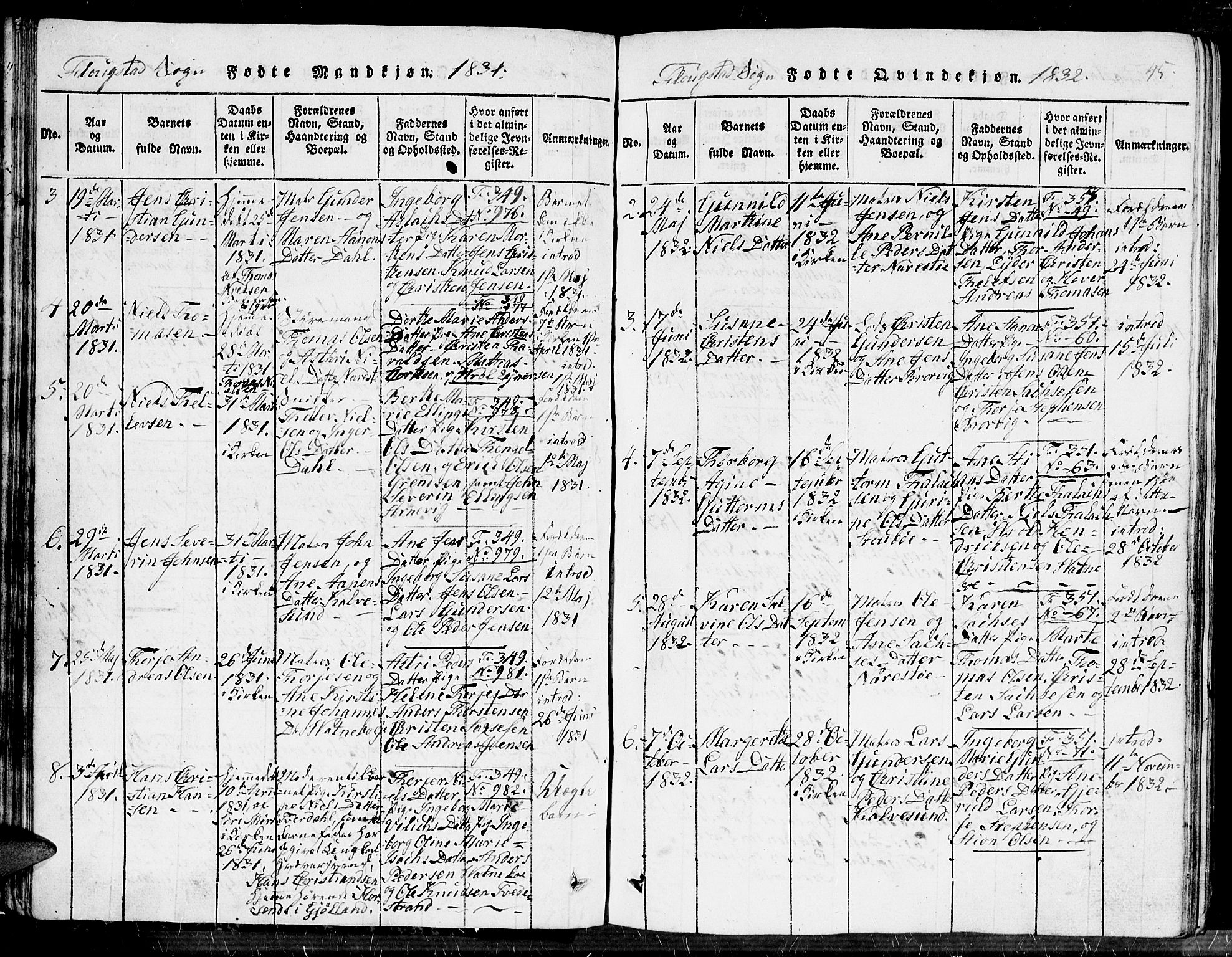 Dypvåg sokneprestkontor, SAK/1111-0007/F/Fb/Fbb/L0001: Parish register (copy) no. B 1, 1816-1850, p. 45