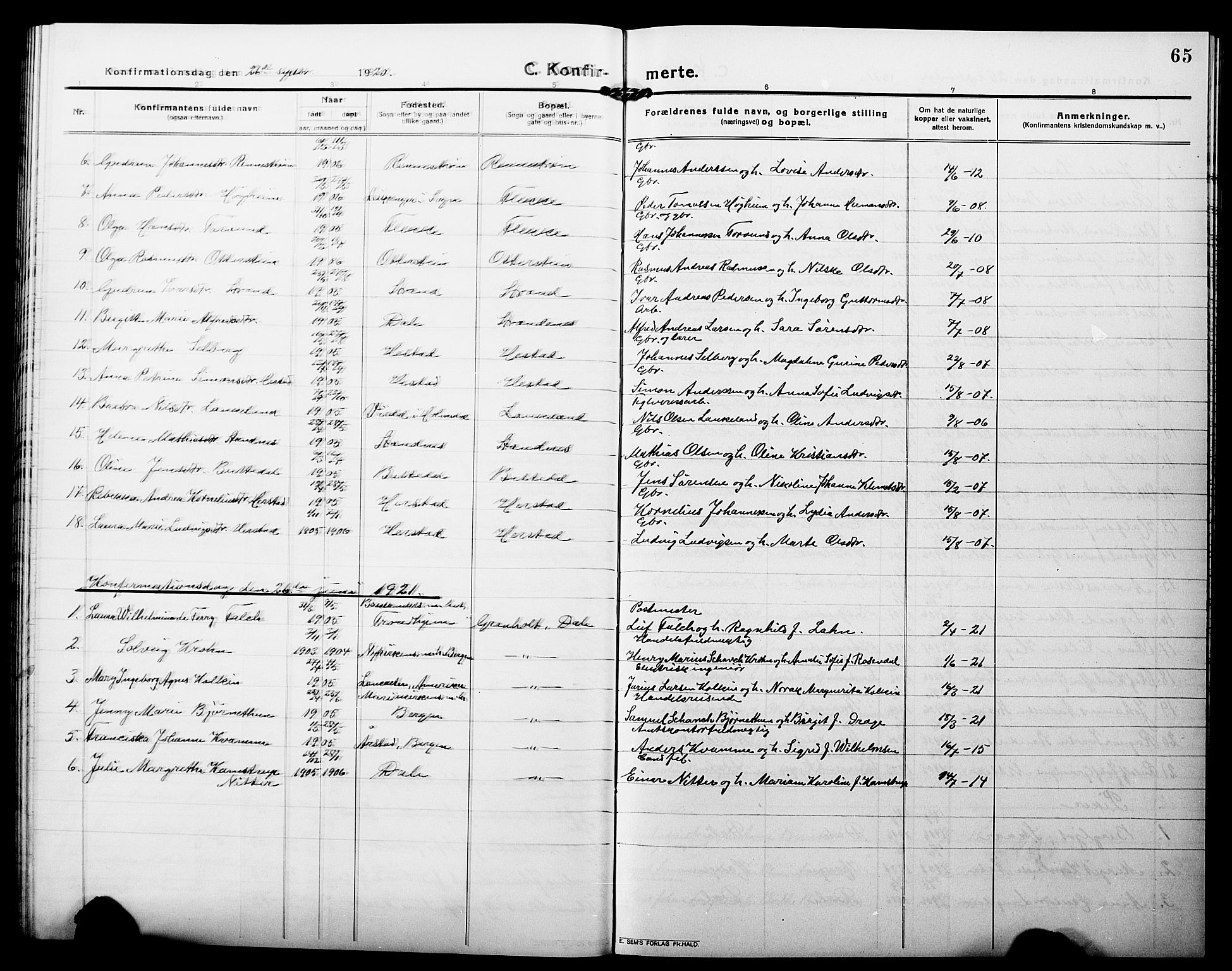 Fjaler sokneprestembete, AV/SAB-A-79801/H/Hab/Habc/L0004: Parish register (copy) no. C 4, 1914-1927, p. 65
