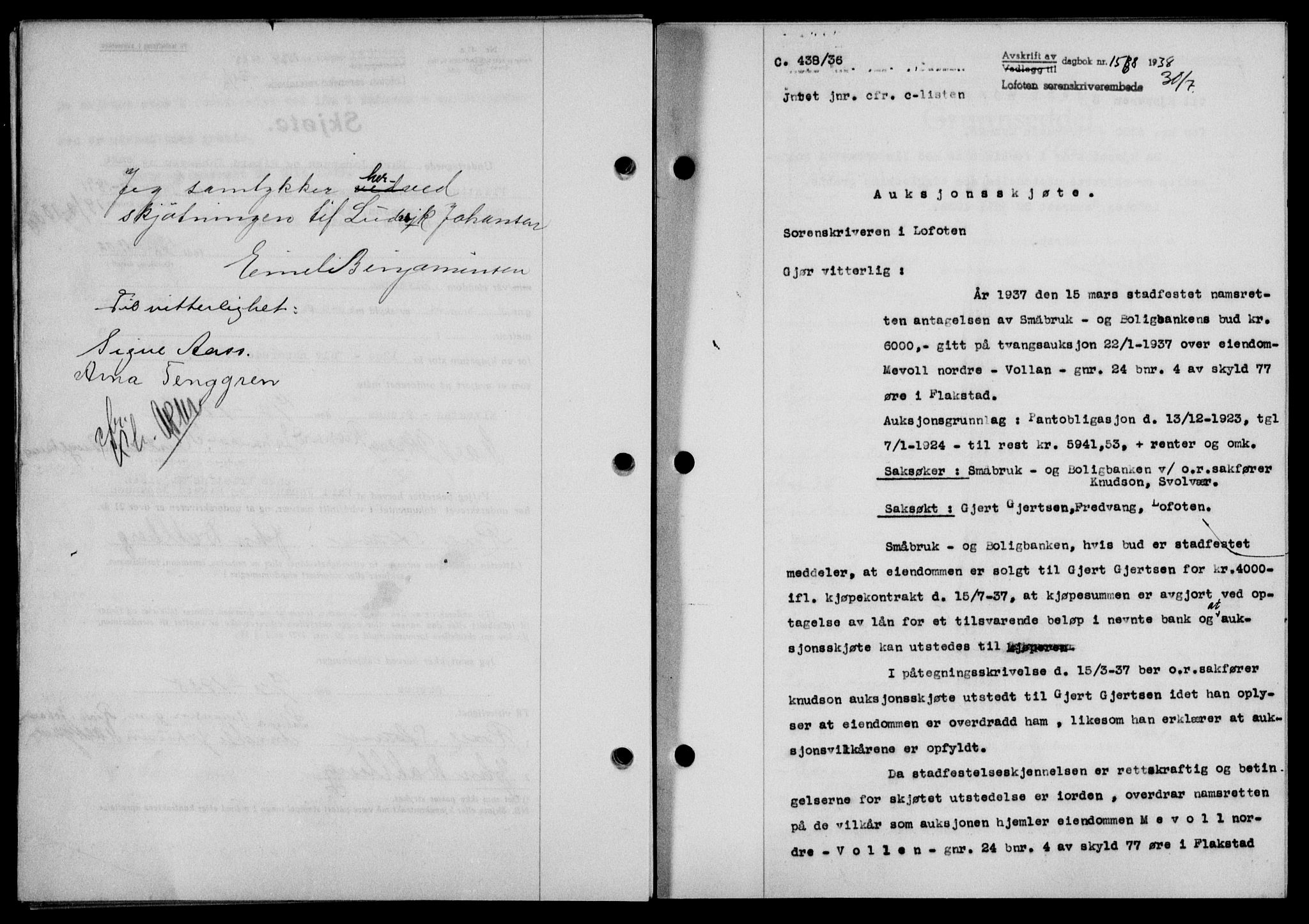 Lofoten sorenskriveri, SAT/A-0017/1/2/2C/L0004a: Mortgage book no. 4a, 1938-1938, Diary no: : 1568/1938