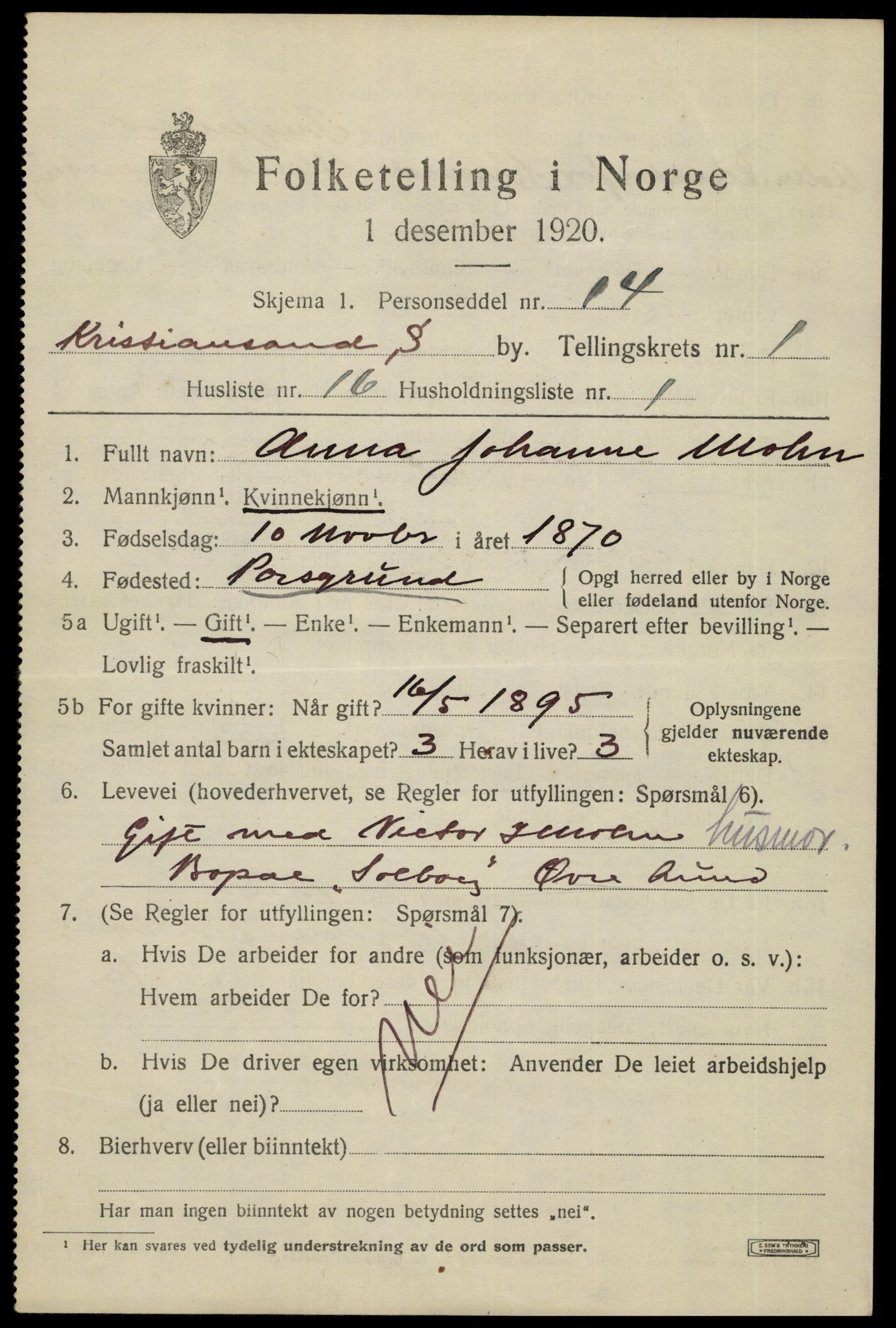 SAK, 1920 census for Kristiansand, 1920, p. 15665