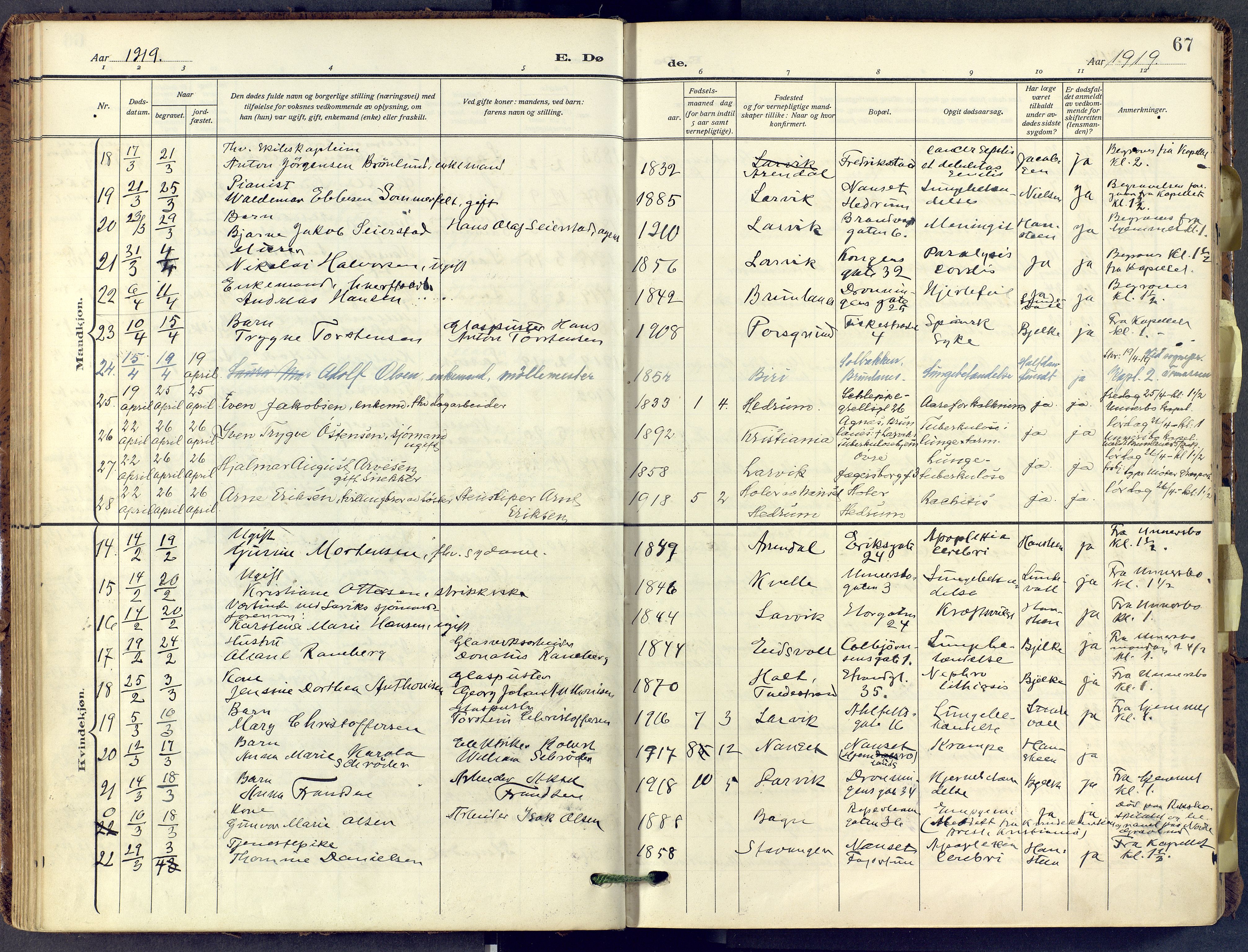 Larvik kirkebøker, AV/SAKO-A-352/F/Fa/L0013: Parish register (official) no. I 13, 1910-1960, p. 67