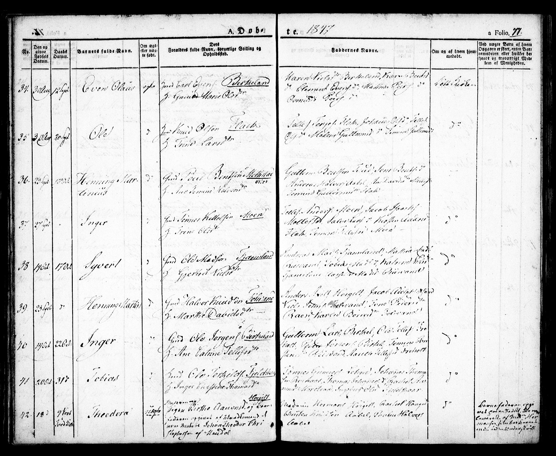 Birkenes sokneprestkontor, SAK/1111-0004/F/Fa/L0001: Parish register (official) no. A 1, 1829-1849, p. 77